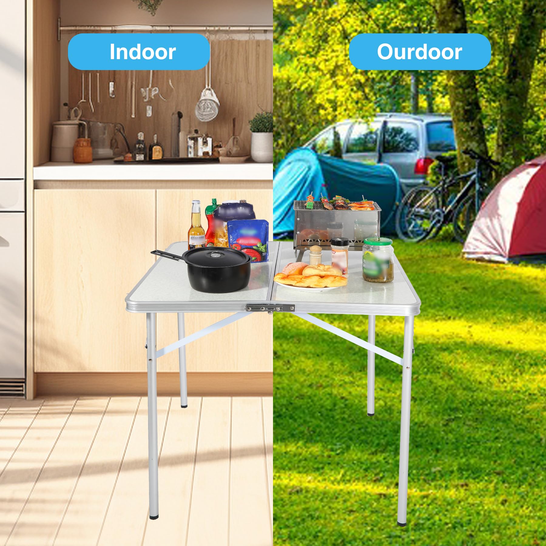 32" Square Folding Camping Table with Adjustable Heights Legs, Lightweight Portable Aluminum Fold in Half Small Card Tables Bridge Tables for Outdoor Picnic, White