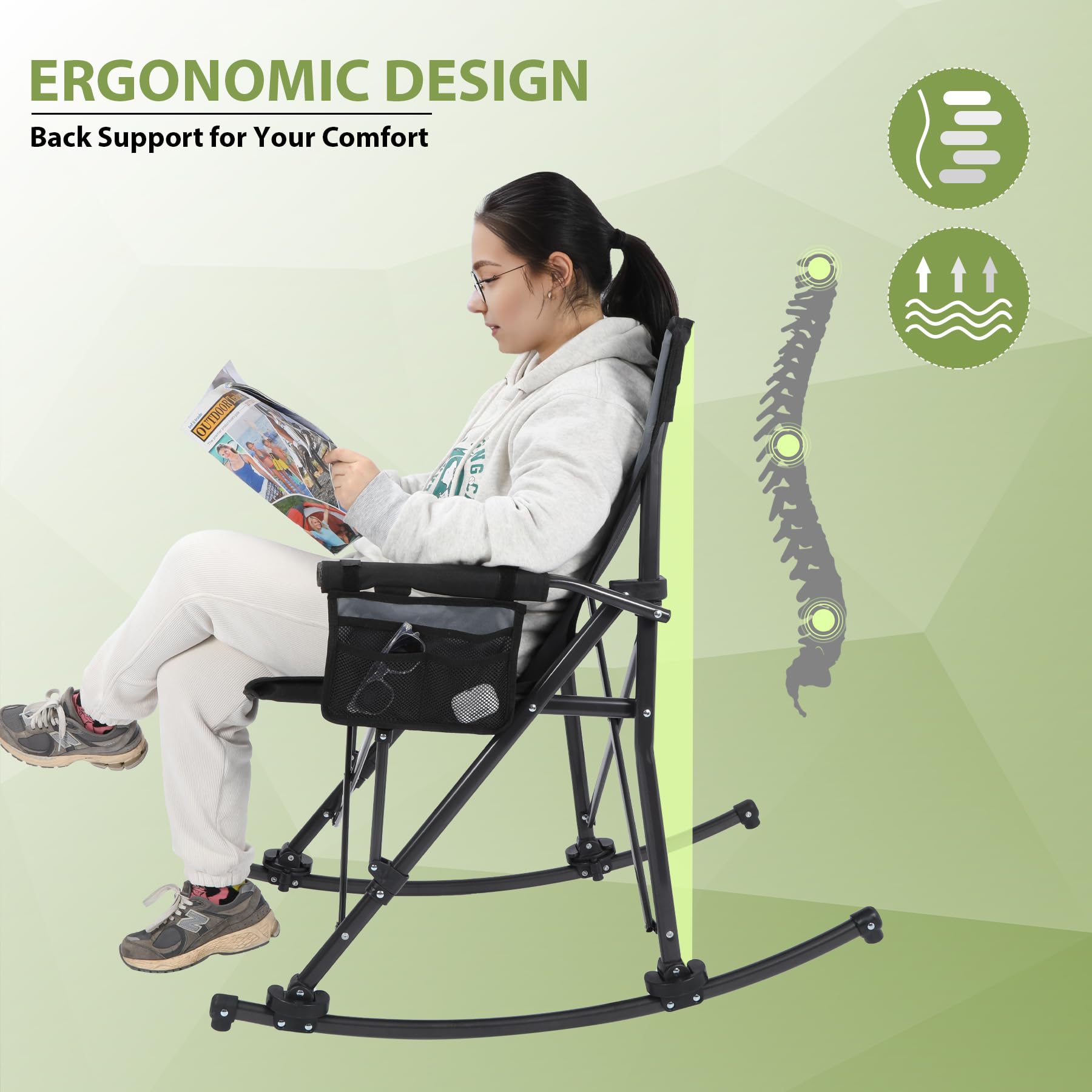 Person seated in a high-back camping chair with curved rocker bars