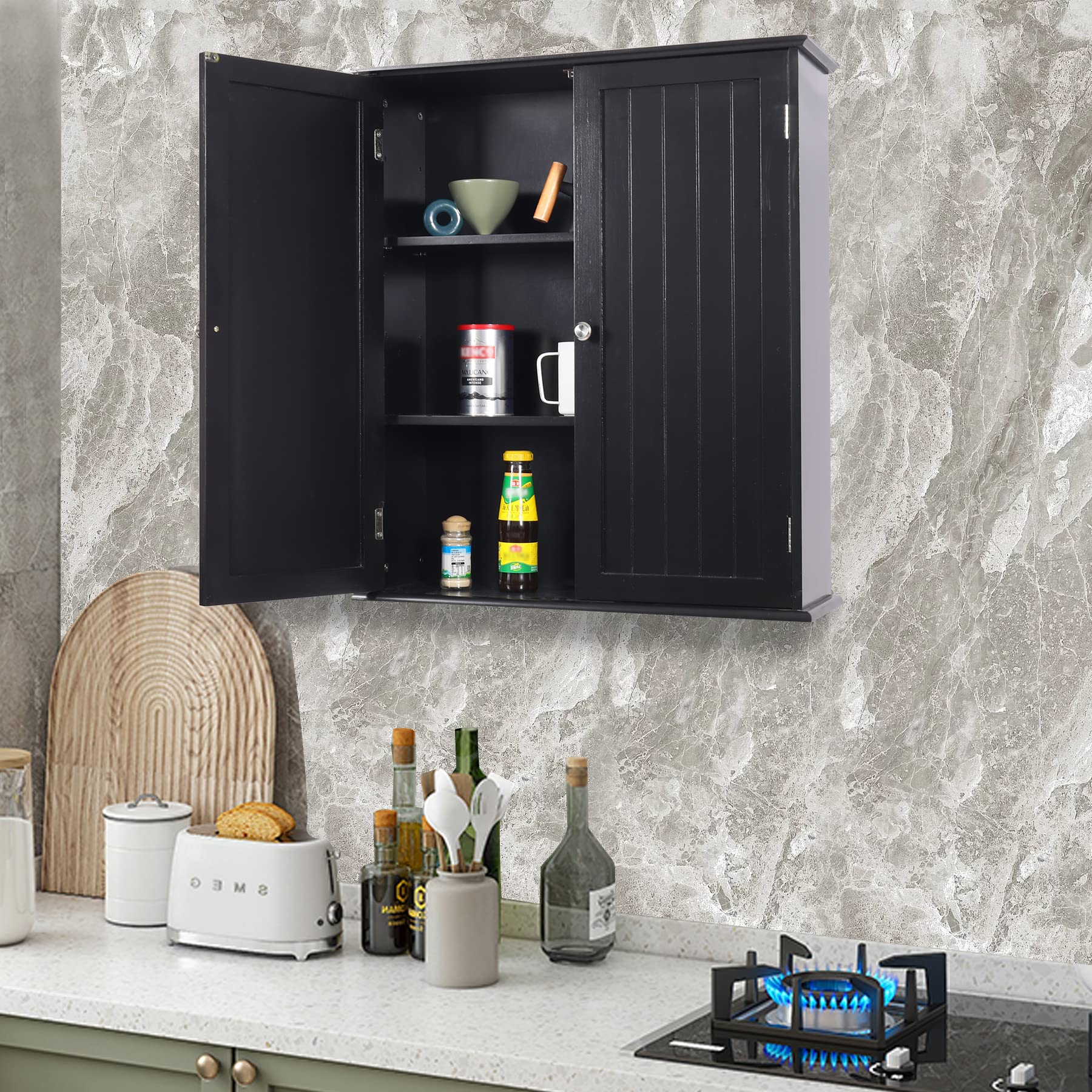Black REDCAMP wall cabinet mounted above a kitchen counter with open storage shelves