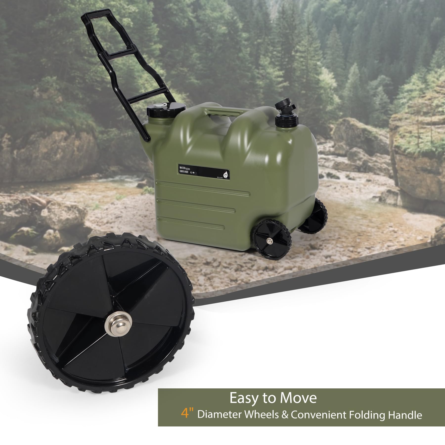 7.4 Gal Water Container with Wheels & Spigot | Portable Rolling Emergency Camping Water Jug with Folding Handle | BPA Free Food Grade Water Storage Tank for Camping, 2 Pack(28L, Green)