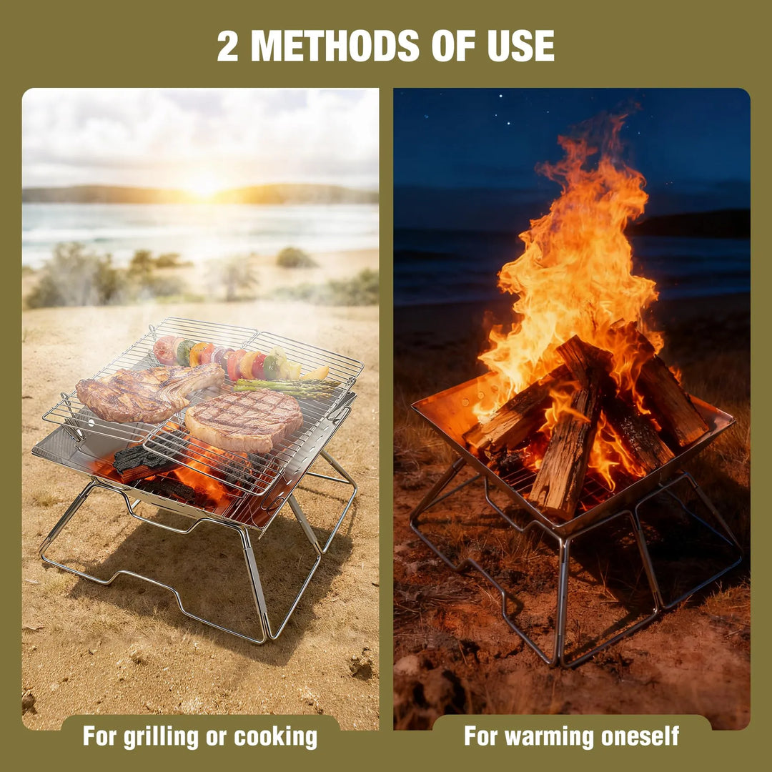Foldable Fire Pit with Grill for Camping Collapsible Portable Fire Pit with Campfire Grill & Tote Bag for Backyard, Patio, Picnic, BBQ