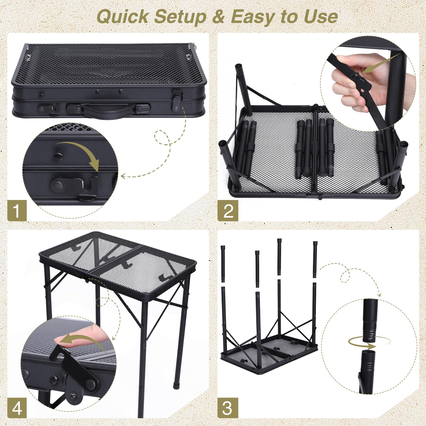 2 Feet Small Folding Grill Table for Outside, 3 Heights Adjustable Portable Metal Outdoor Picnic Table for Camping Travel Cooking BBQ, Black, 24" Lx 16" Wx 27.5" H