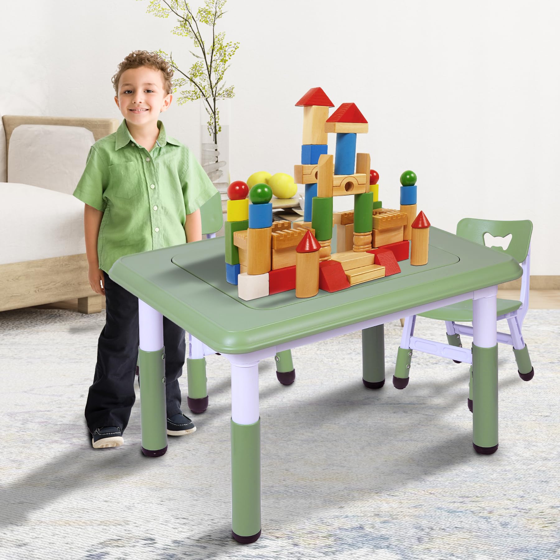 Kids Table and 2 Chairs Set, Height Adjustable 3 in 1 Multi Activity Table with 2 Chairs, Storage Bins,Graffiti,Double-Sided Tabletop,Sky Blue