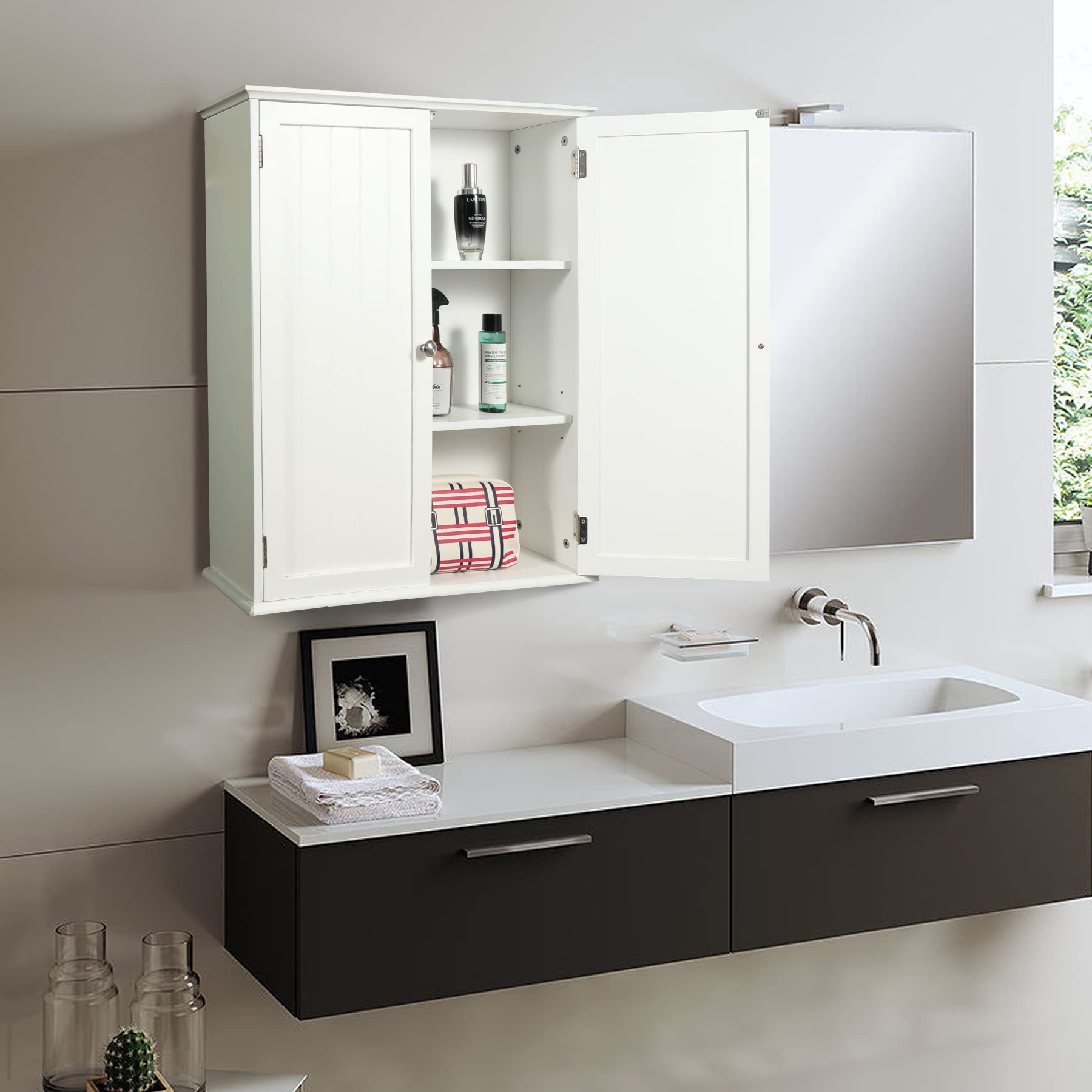 White REDCAMP bathroom wall cabinet with open doors mounted above a modern vanity