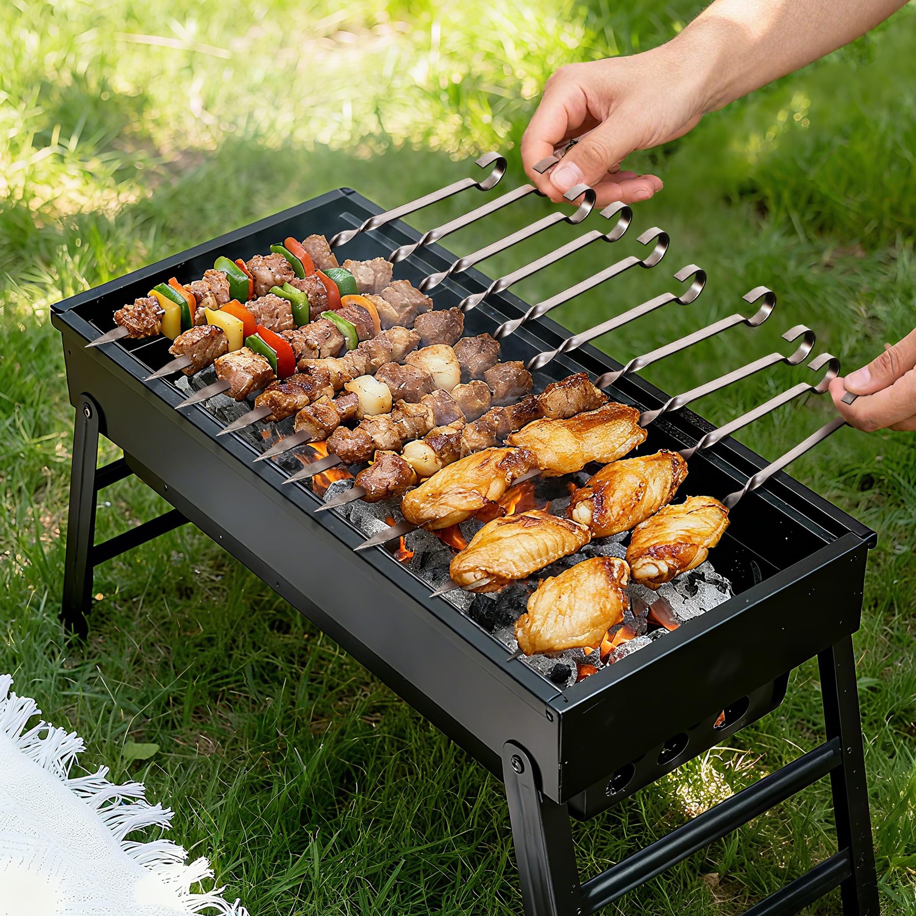 14" Flat Stainless Steel Kabob Skewers with Storage Tube