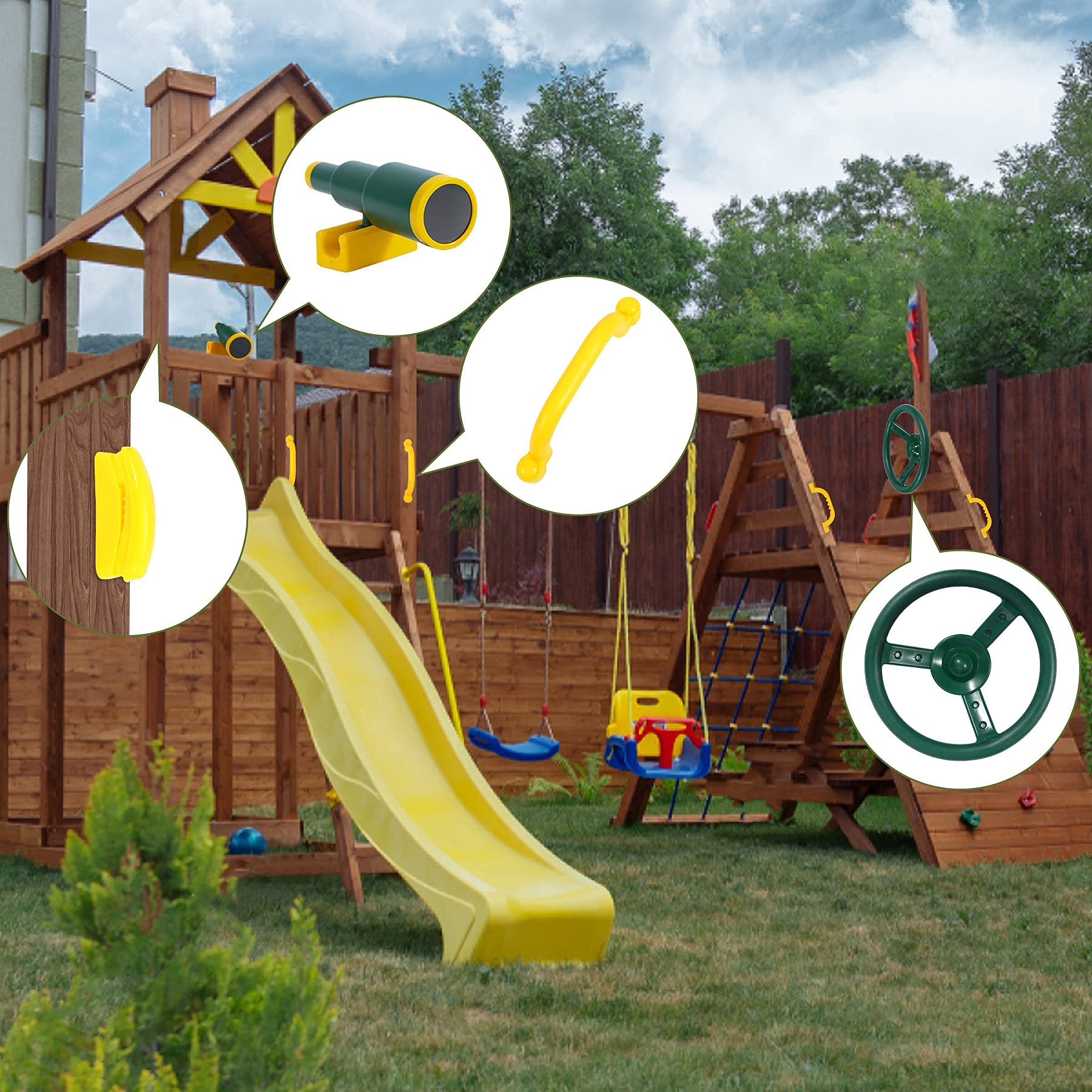 Playground Accessories for Kids, Outdoor Swingset Attachments with Pirate Ship Wheel, Toy Telescope, Telephone and Safety Handles (Yellow and Green)
