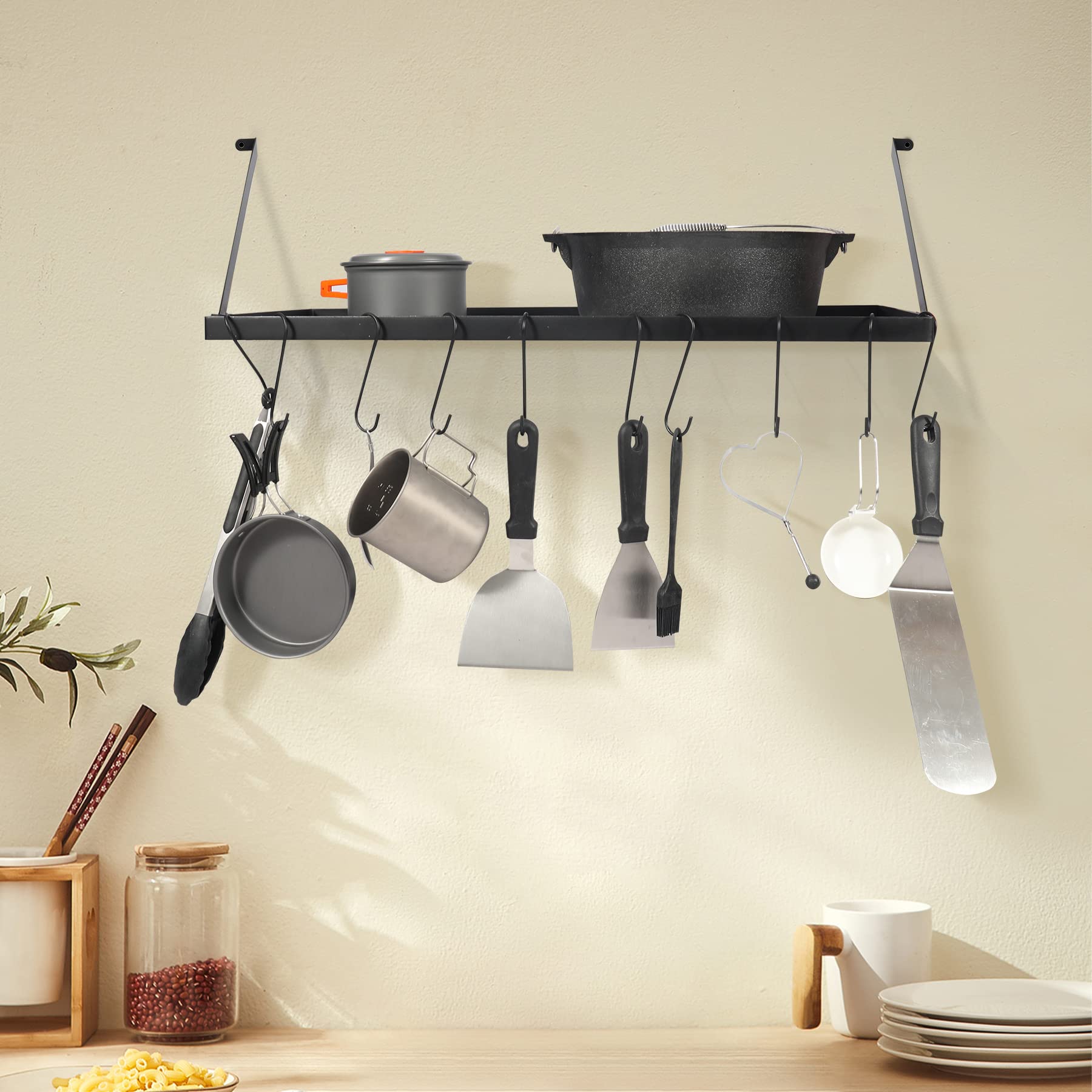 29” Wall Mounted Pot Rack Storage Shelf with 10 Hooks,Kitchen Pots and Pans Hanging Rack Holder for Utensils Cookware Household,Black