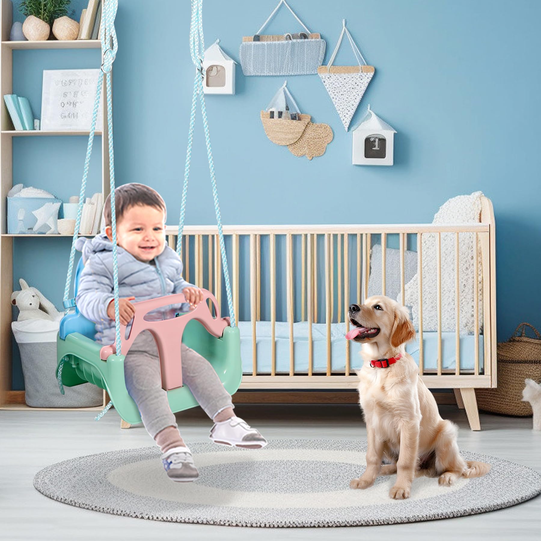 3 in 1 Toddler Swing for Outside Tree,Blue Green Pink