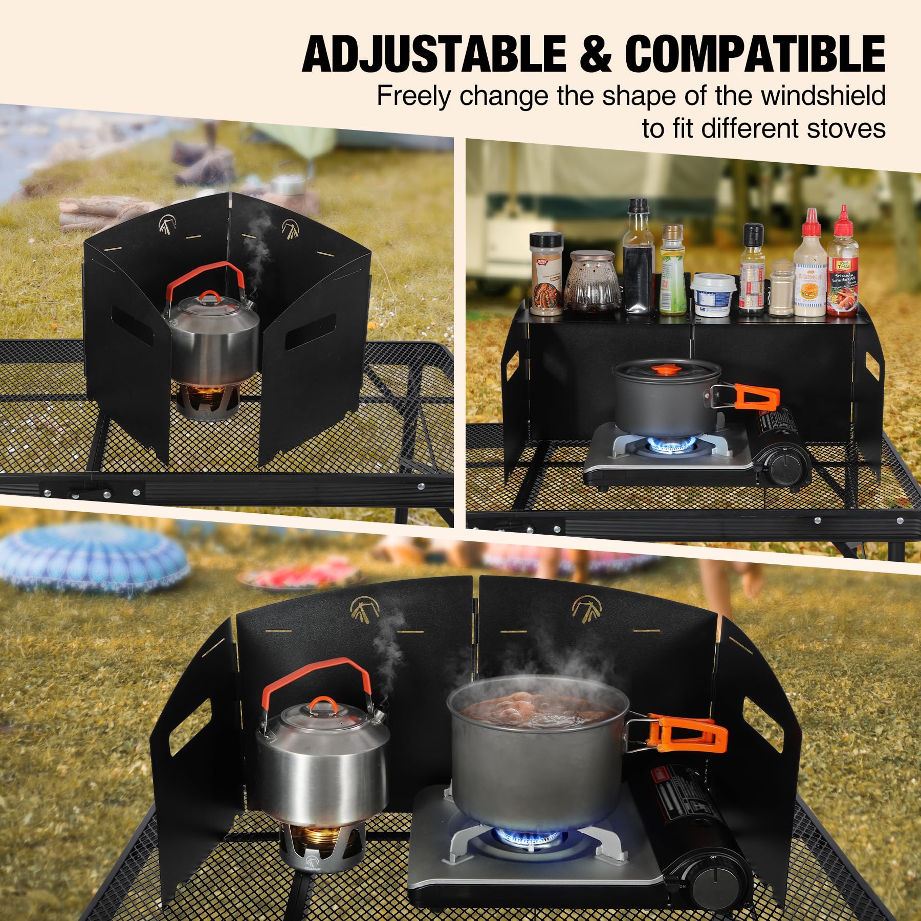 Portable 4 Panel Steel Camping Stove Windscreen, Foldable Windproof Outdoor Gas Stove Windshield with Storage Bag for Camping, Hiking, Backpacking, Picnic, Cooking Black