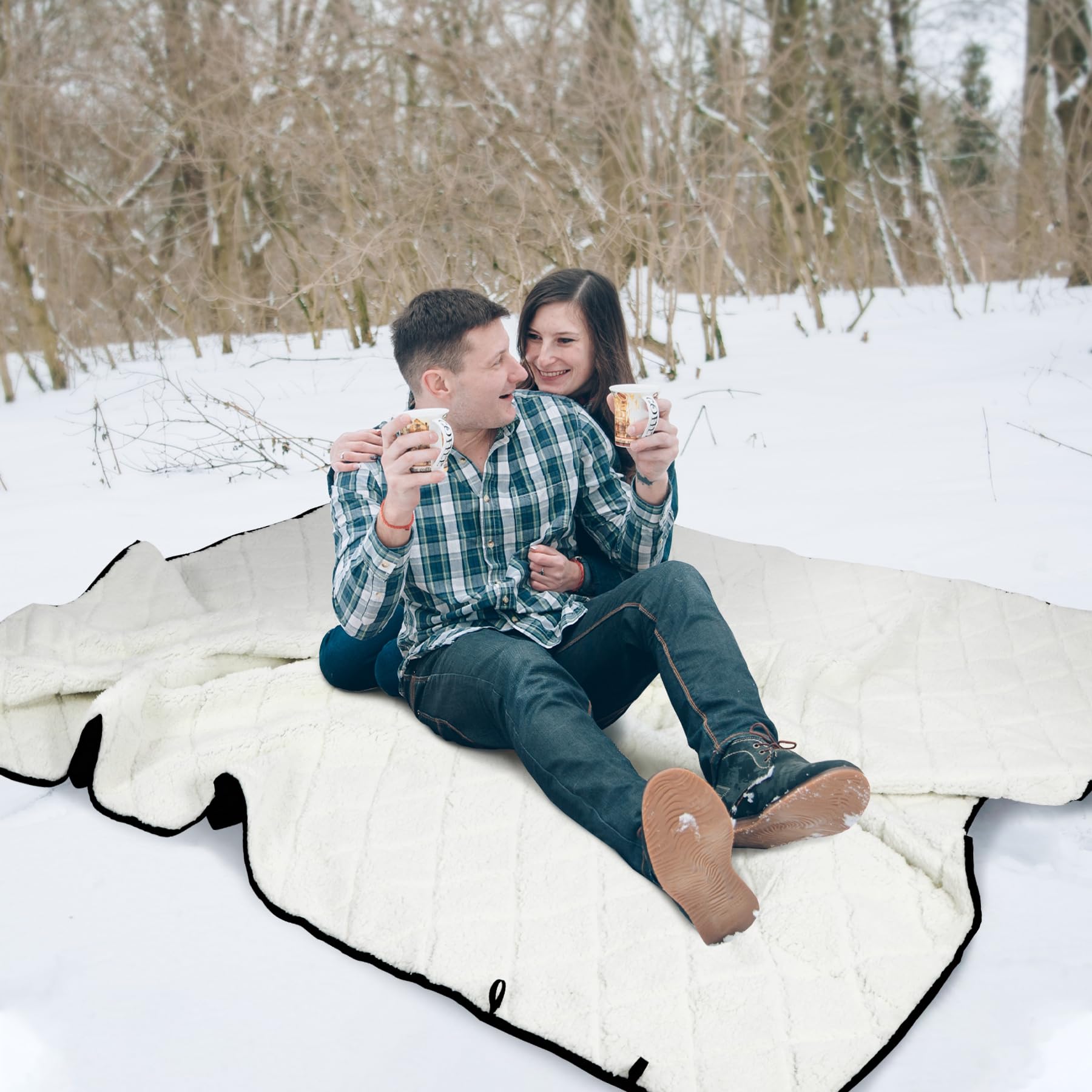 Large Warm Camping Blanket with Sherpa Lining, Cold Weather Warm Outdoor Blanket Waterproof and Windproof for Camping Stadium, Machine Washable 59"x79" White