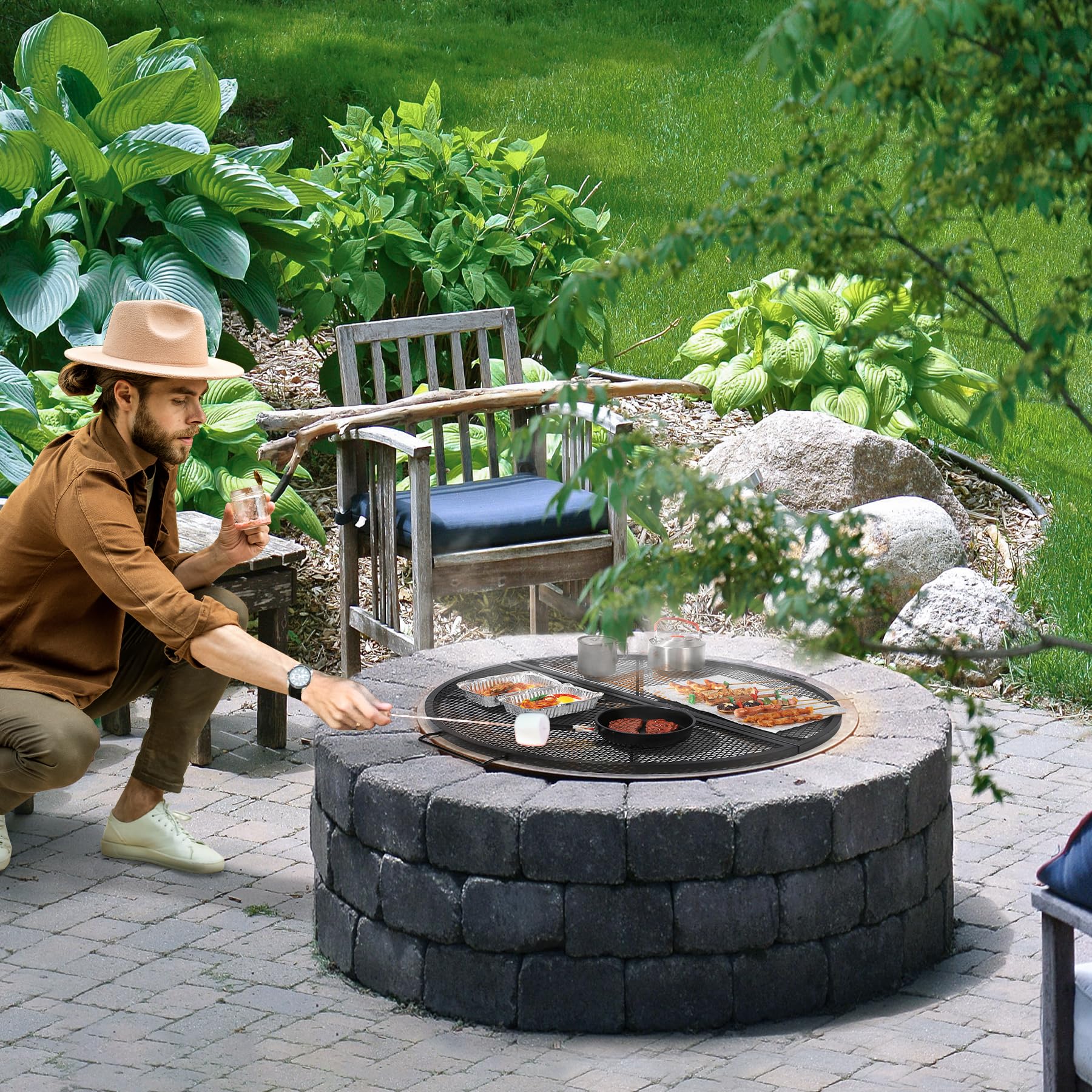 X-Marks Fire Pit Cooking Grill Grates Portable, Heavy Duty Folding Round Campfire Grill Grate, Firepit Grill Grate with Handles for Outdoor BBQ Picnic, Black 24 Inch