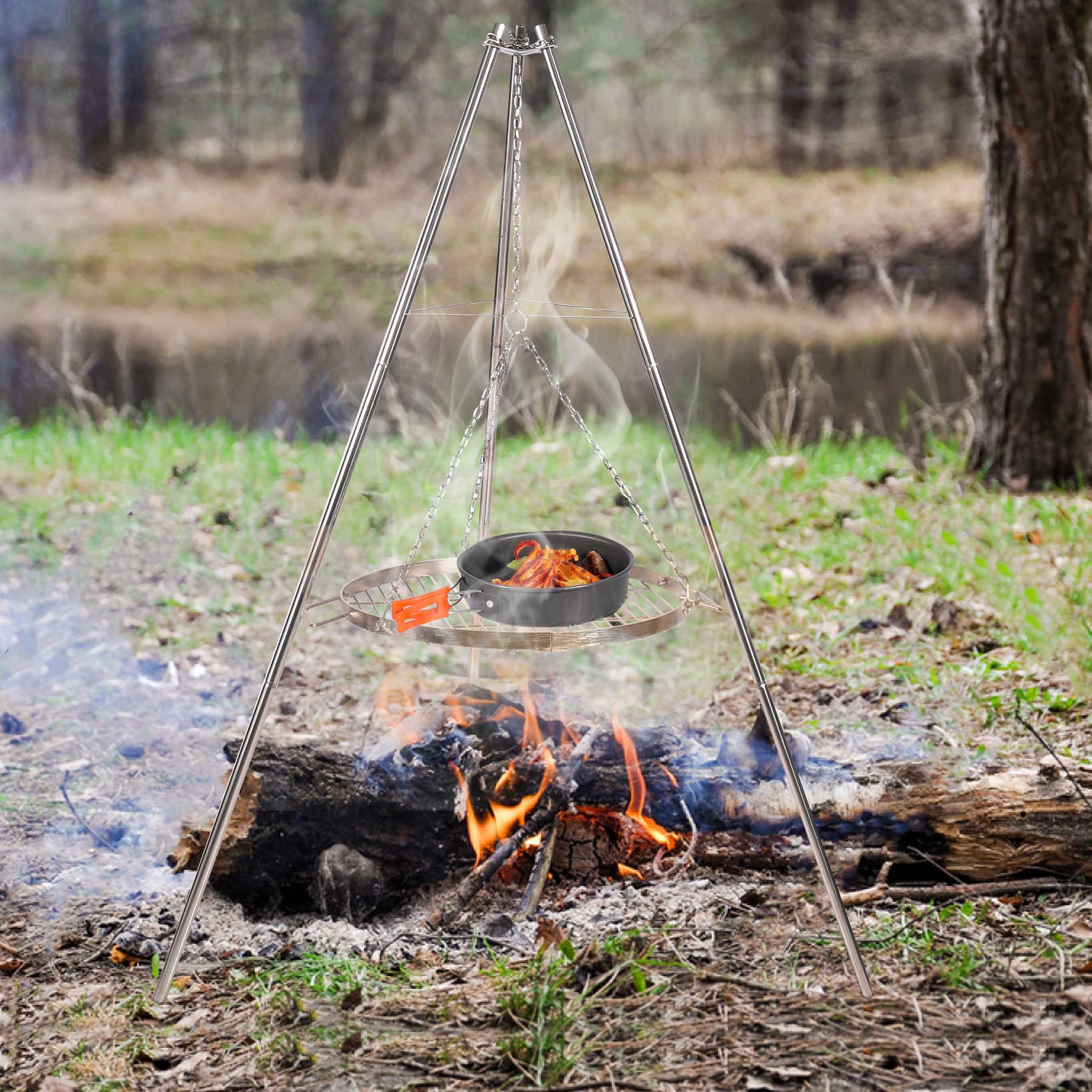 Campfire Tripod Grill for Cooking, Durable Stainless Steel Camping Fire Tripod Grill with Round Grate and Carrying Bag for Outdoor BBQ, Silver