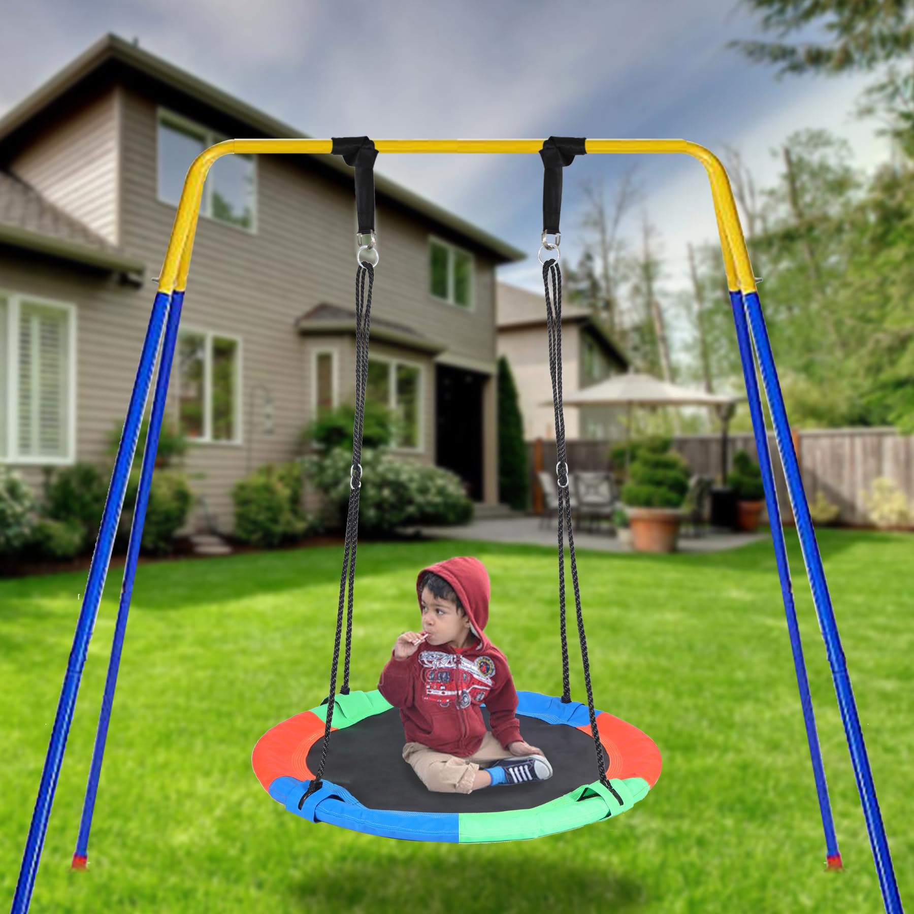 43" Tree Swing for Kids Outdoor, Waterproof Large Round Flying Saucer Swings for Trees and Swingset, Strong Heavy Duty for Outside Playground, 500LBS Weight Capacity, Rainbow