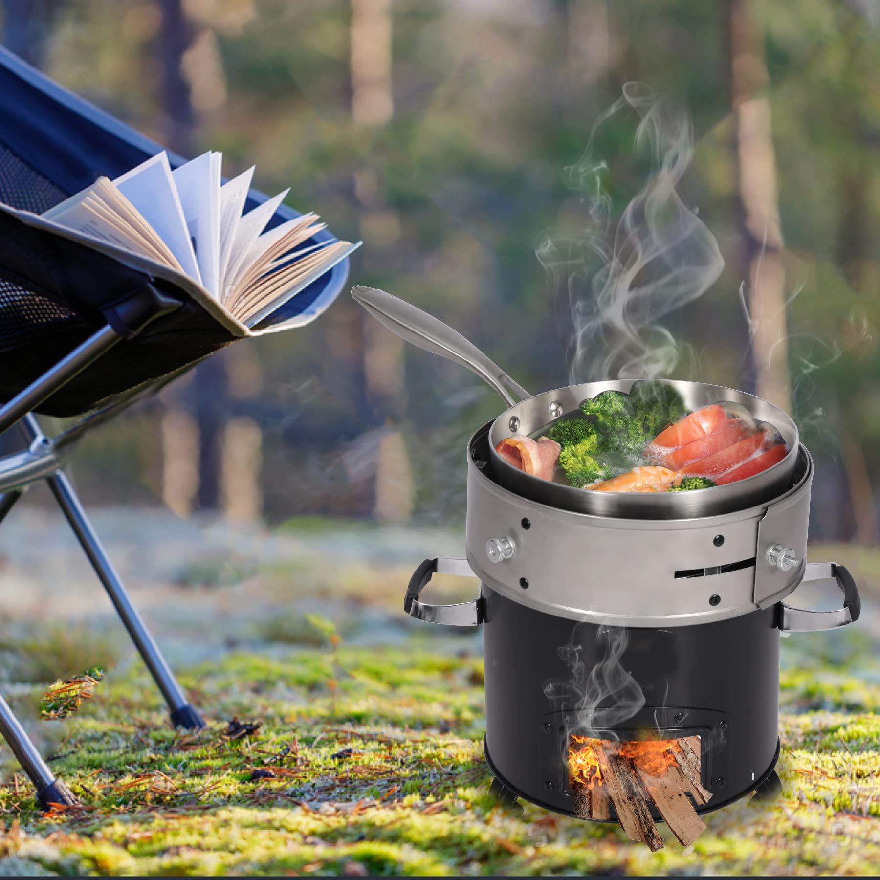 Rocket Stove Windscreen, 9.8"-14.2" Adjustable Stainless Steel Camping Wood Stove Windshield Portable for Outdoor Cooking, Round Silver