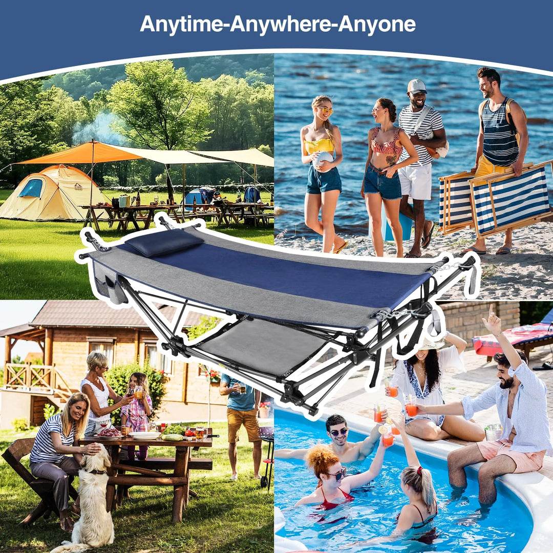 Camping Hammock with Stand, XXL Portable Hammock with Removable Pillow and Storage Net, Foldable Heavy Duty Steel Frame Space Saving for Indoor Outdoor Backyard Beach Garden