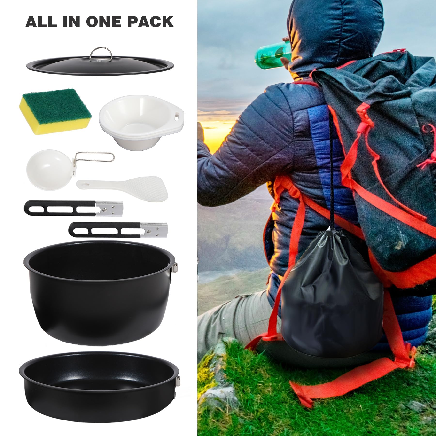 Camping Cookware Mess Kit with Folding Handle