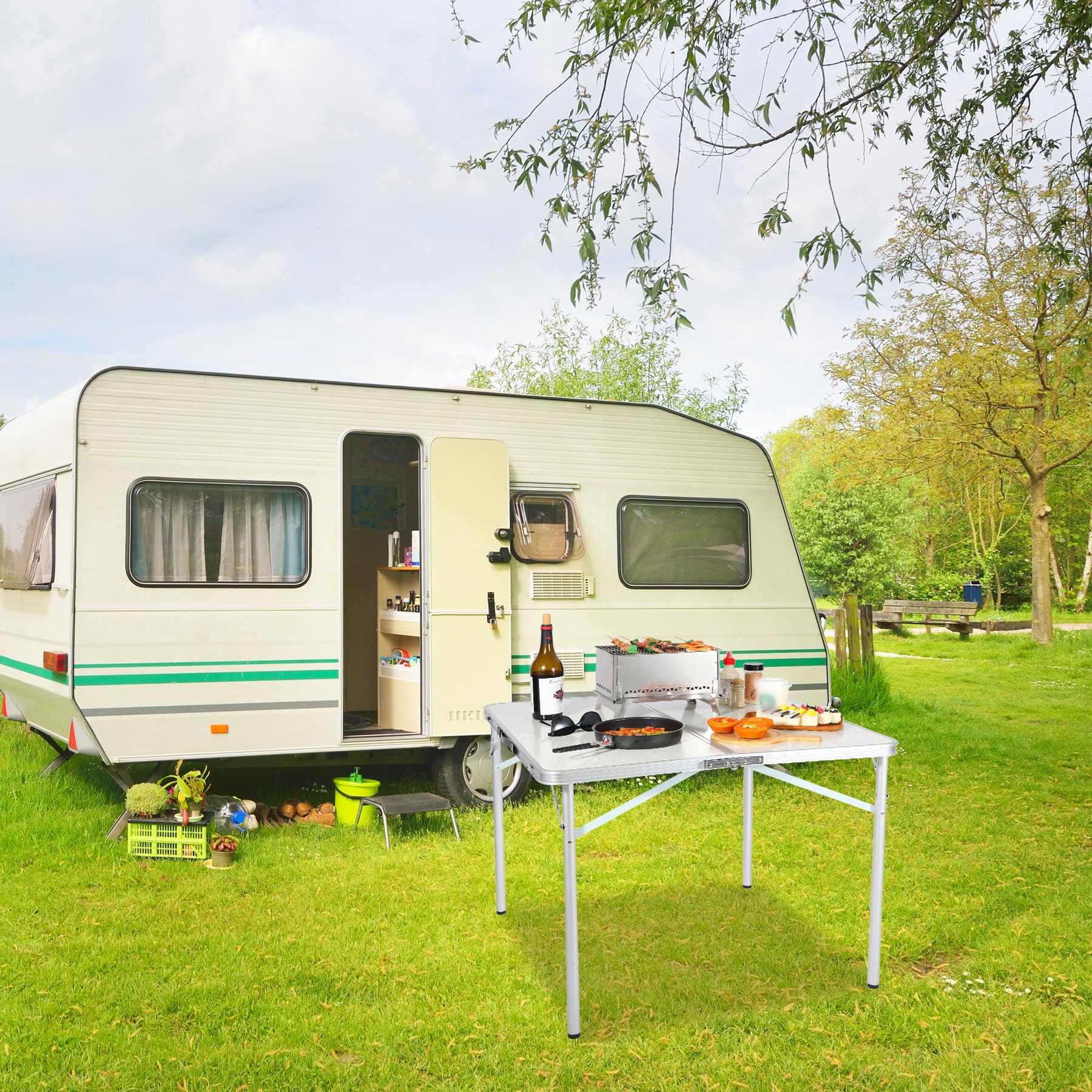 32" Square Folding Camping Table with Adjustable Heights Legs, Lightweight Portable Aluminum Fold in Half Small Card Tables Bridge Tables for Outdoor Picnic, White