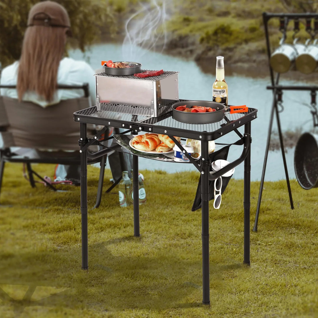 Table de barbecue pliante pour l'extérieur avec pieds réglables en hauteur 