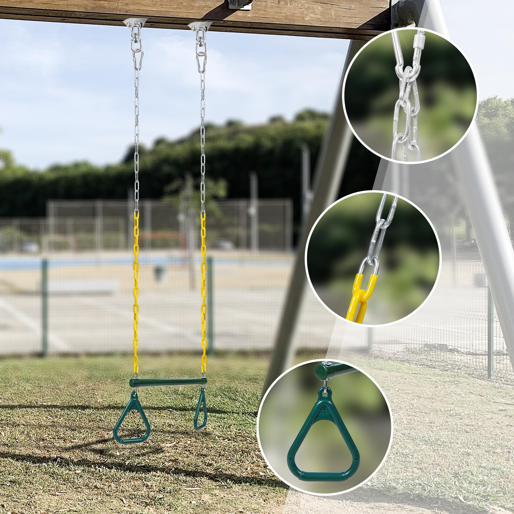 Trapeze Bar for Swing Set Playground, Heavy Duty 18" Trapeze Swing Bar with Rings and Adjustable Chains 47" Long,Yellow and Green