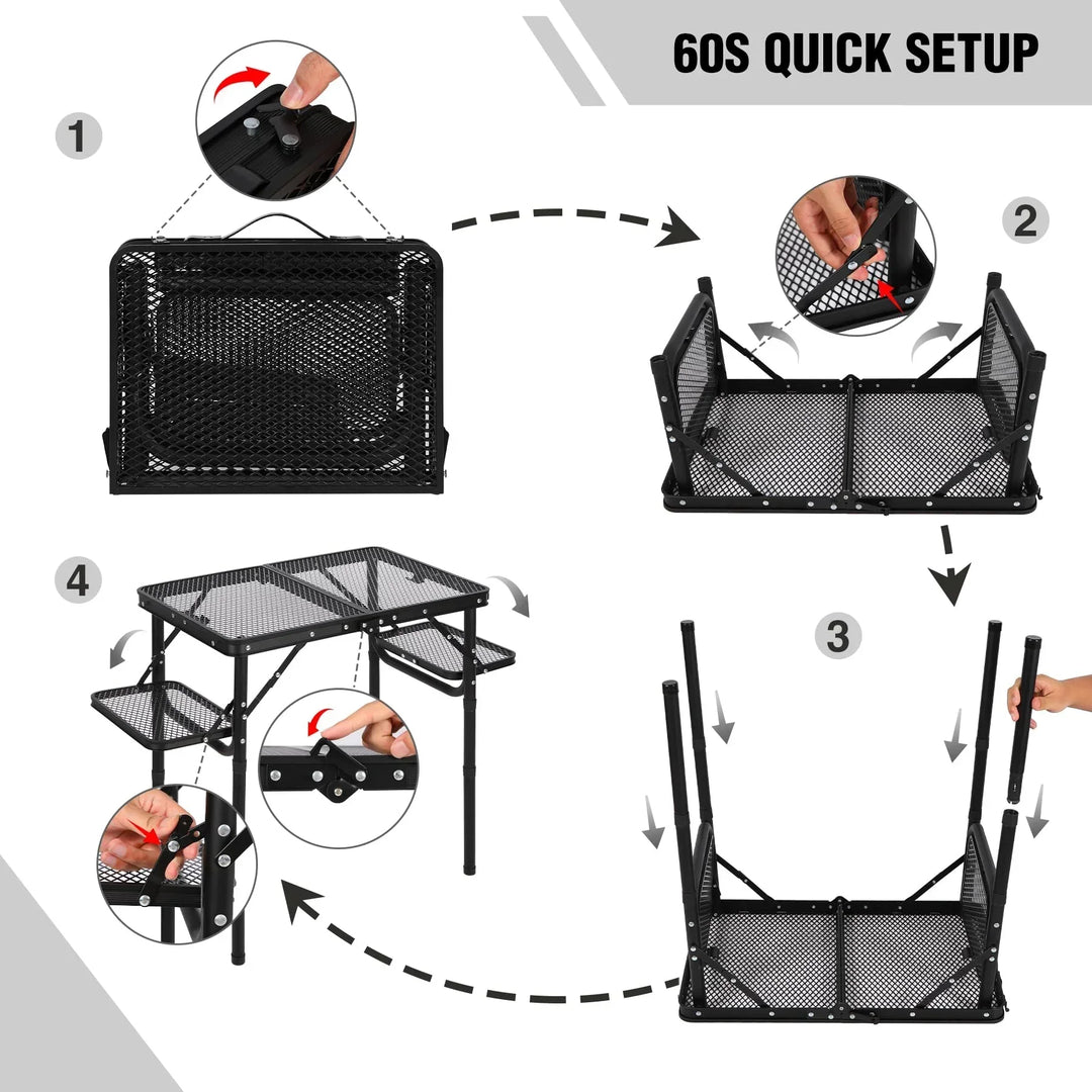 Folding Grill Table with Extra Space, Adjustable Height Portable Small Stand Table for Outdoor Indoor Camping Picnic BBQ, Black with Side Table