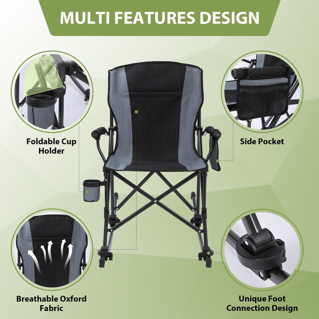 Camping chair with foldable cup holder, side pocket, and rocker connection