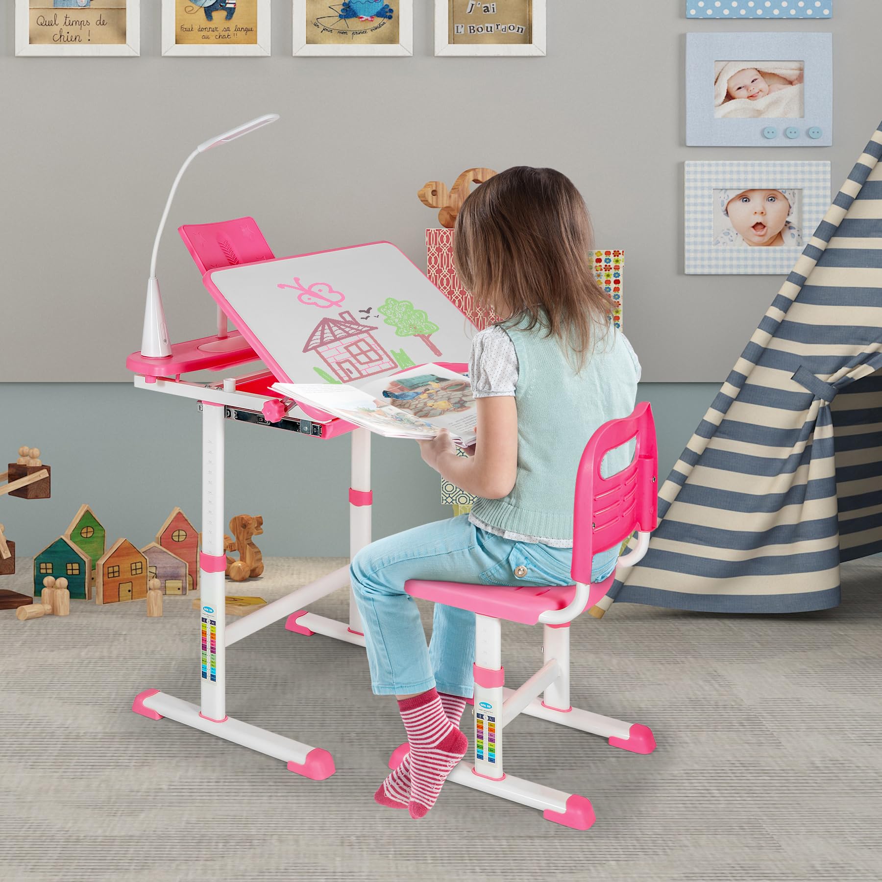 REDCAMP Adjustable Student Desk and Chair Set with Drawing Tilt Desktop