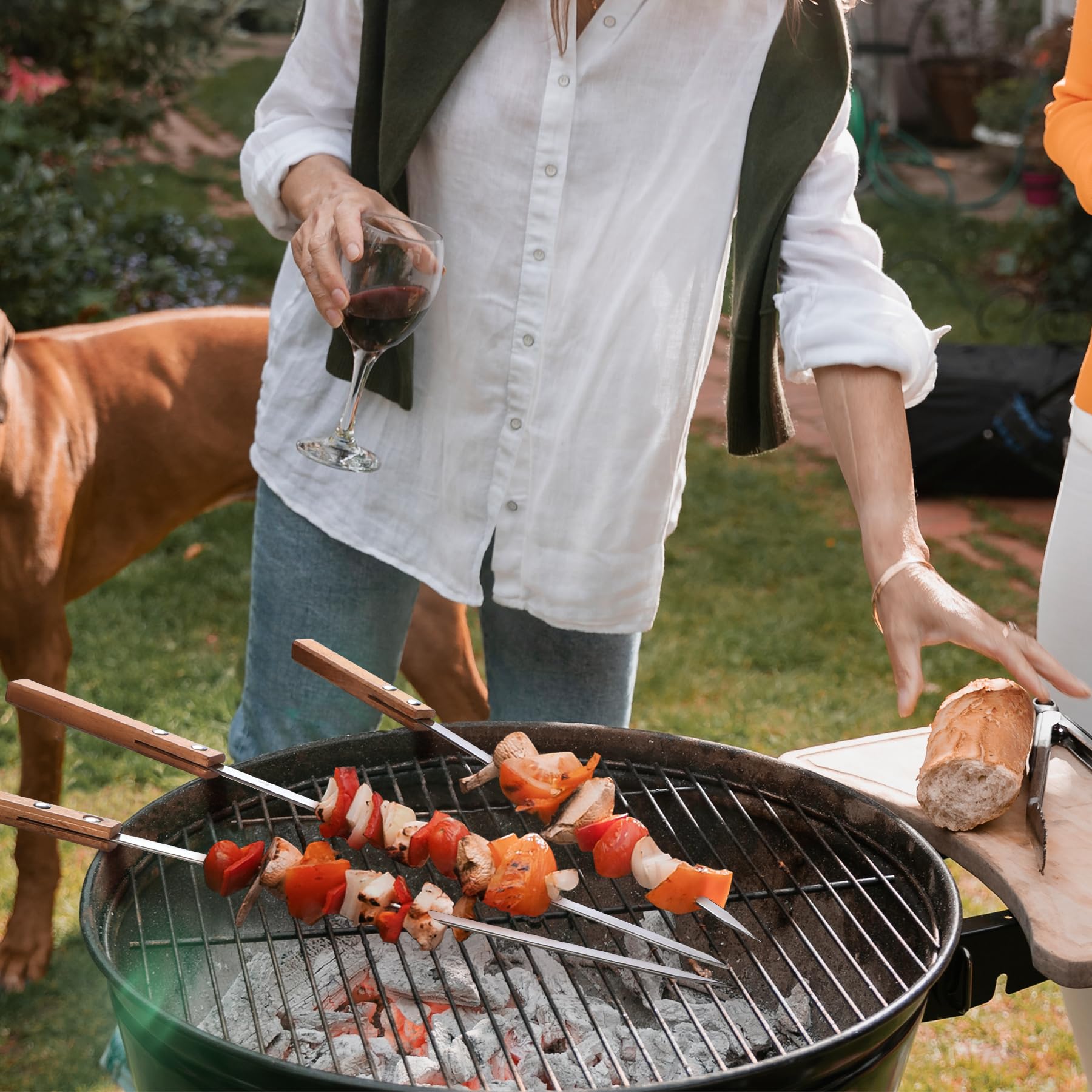 8PCS Kabob Skewers for Grilling, 23" Long 5/8 Wide Flat Metal Skewers for Kabobs, Reusable BBQ Stainless Steel Sticks with Wooden Handle for Outdoor Camping Picnic Cooking, Silver