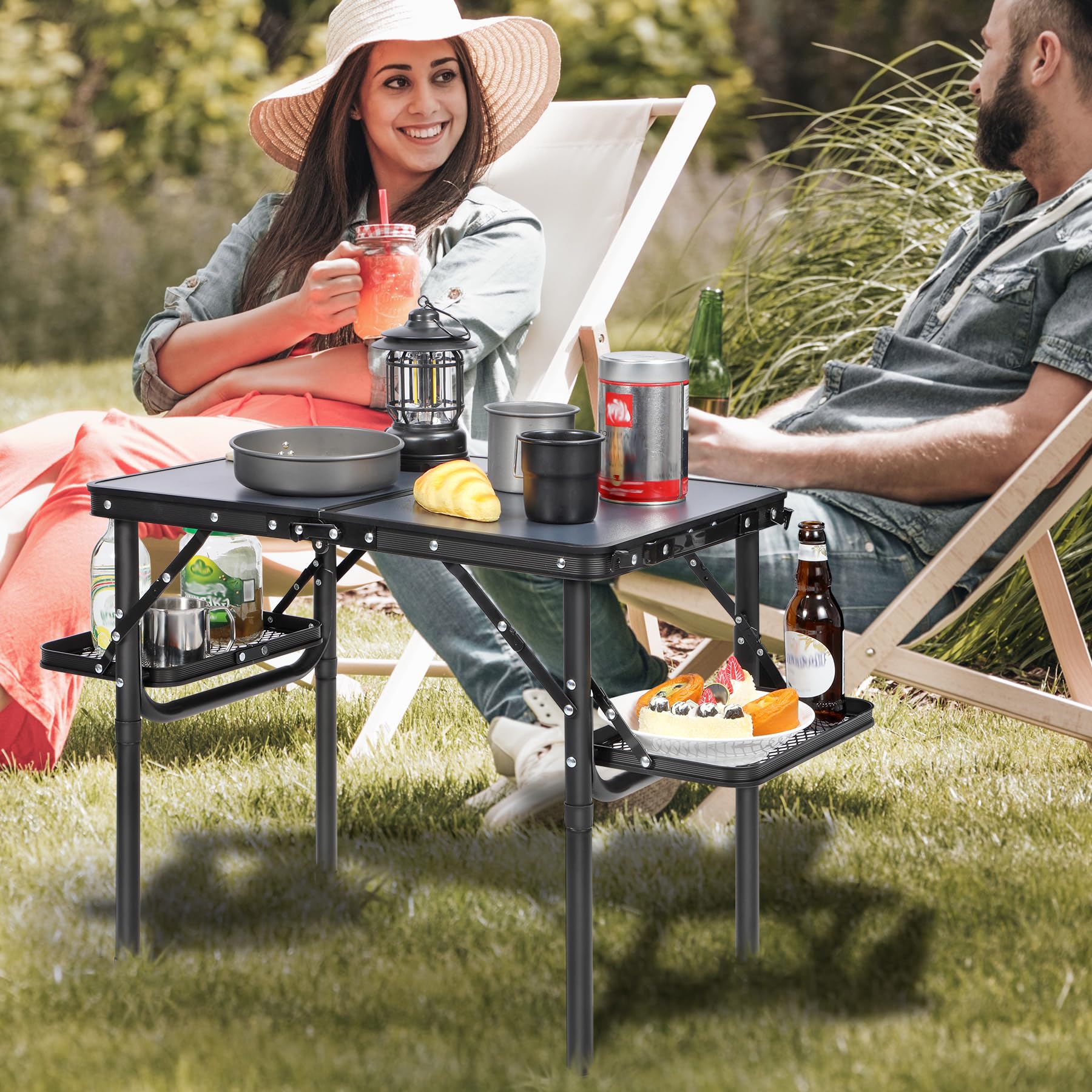 3ft Adjustable Aluminum Camping Table with Side Wings