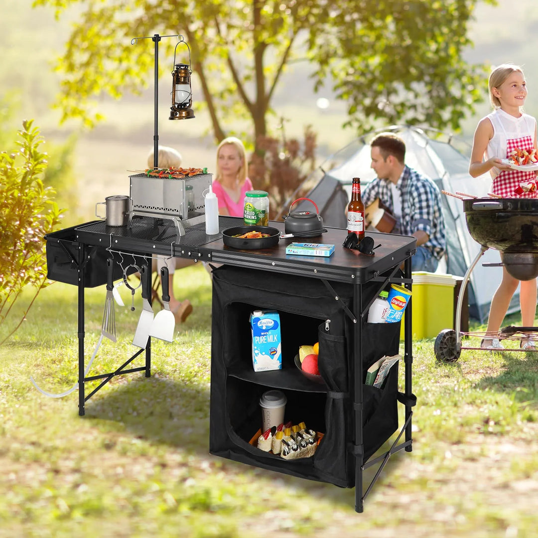 Mesa de cocina portátil para acampar con organizador de almacenamiento para exteriores