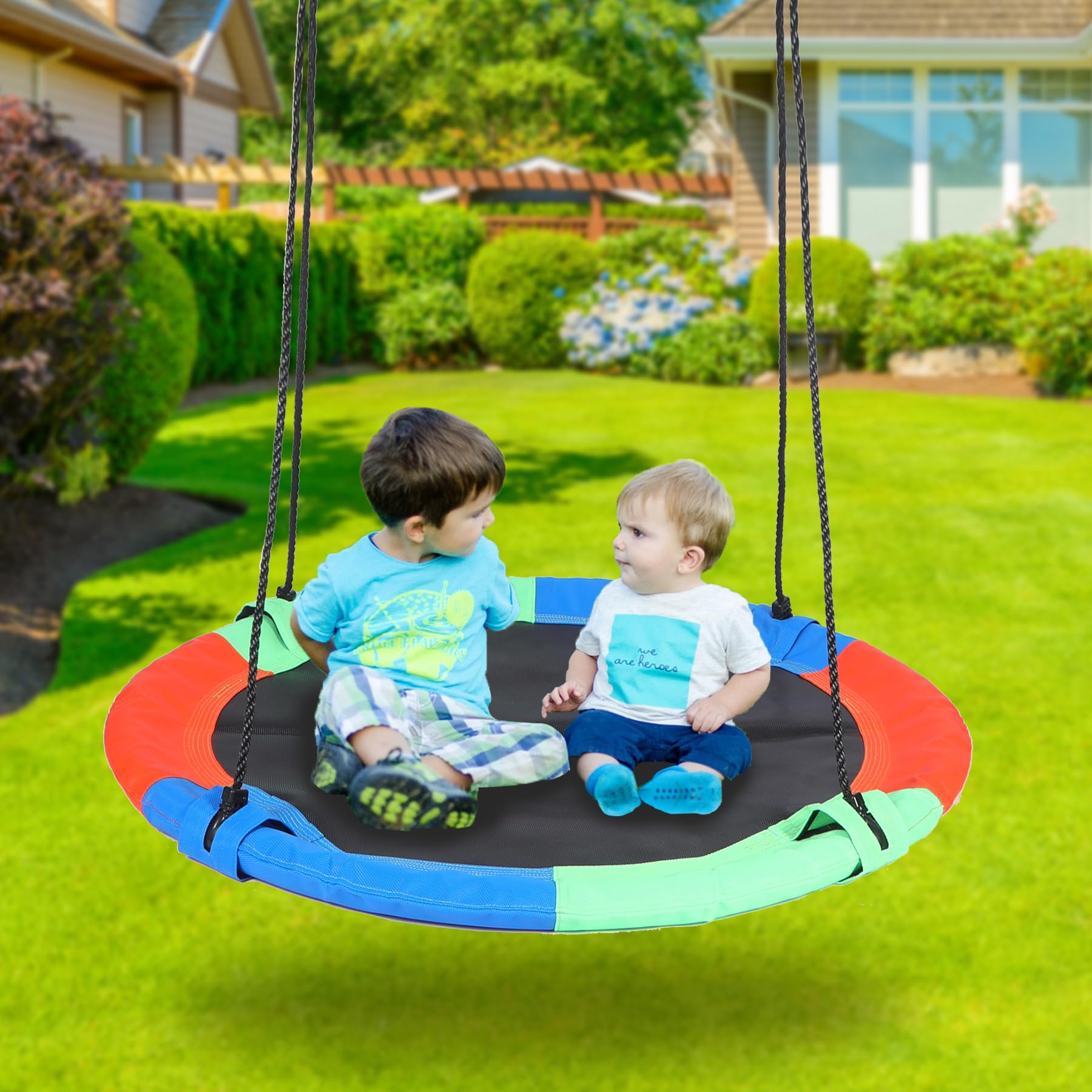 43" Tree Swing for Kids Outdoor, Waterproof Large Round Flying Saucer Swings for Trees and Swingset, Strong Heavy Duty for Outside Playground, 500LBS Weight Capacity, Rainbow
