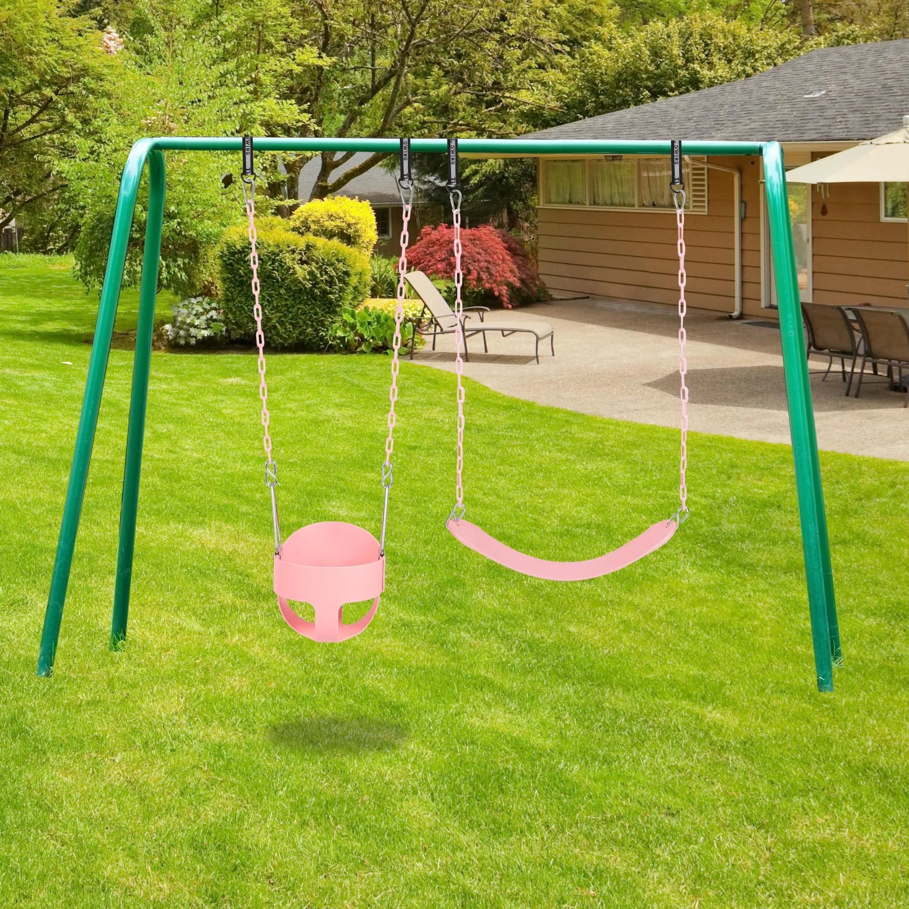 High Back Full Bucket Swing with Heavy Duty Swing Seat Combo Pack (Triangle and Chain Dip), Tree Straps Included, Pink