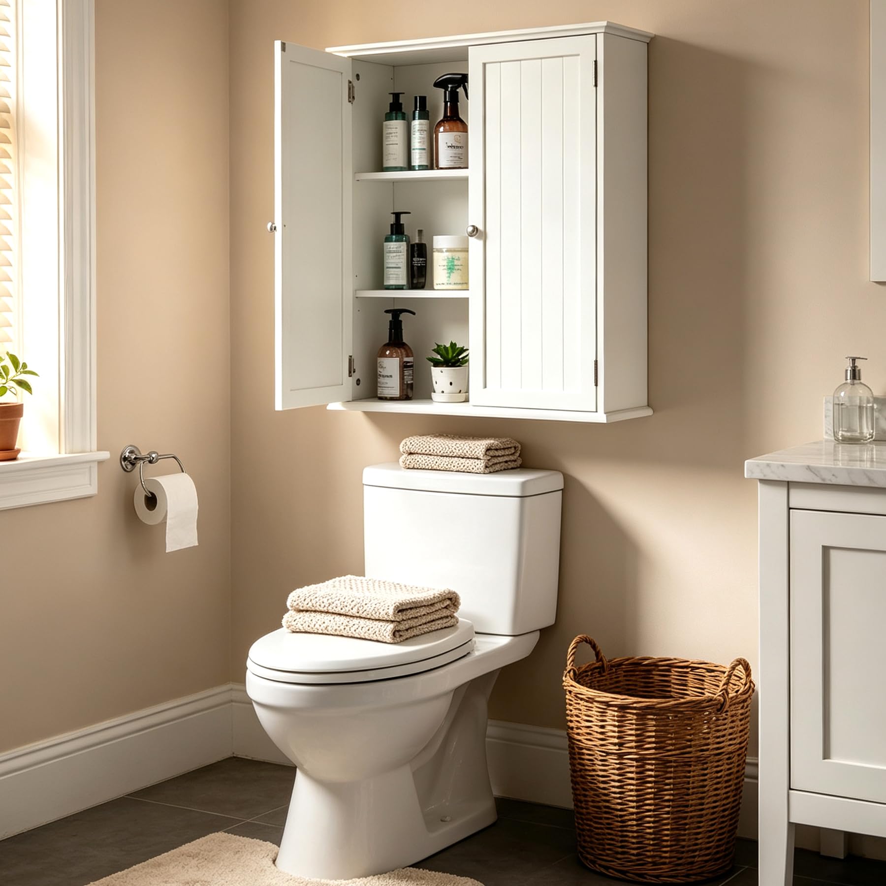 White REDCAMP bathroom wall cabinet mounted above a toilet with toiletries stored on interior shelves