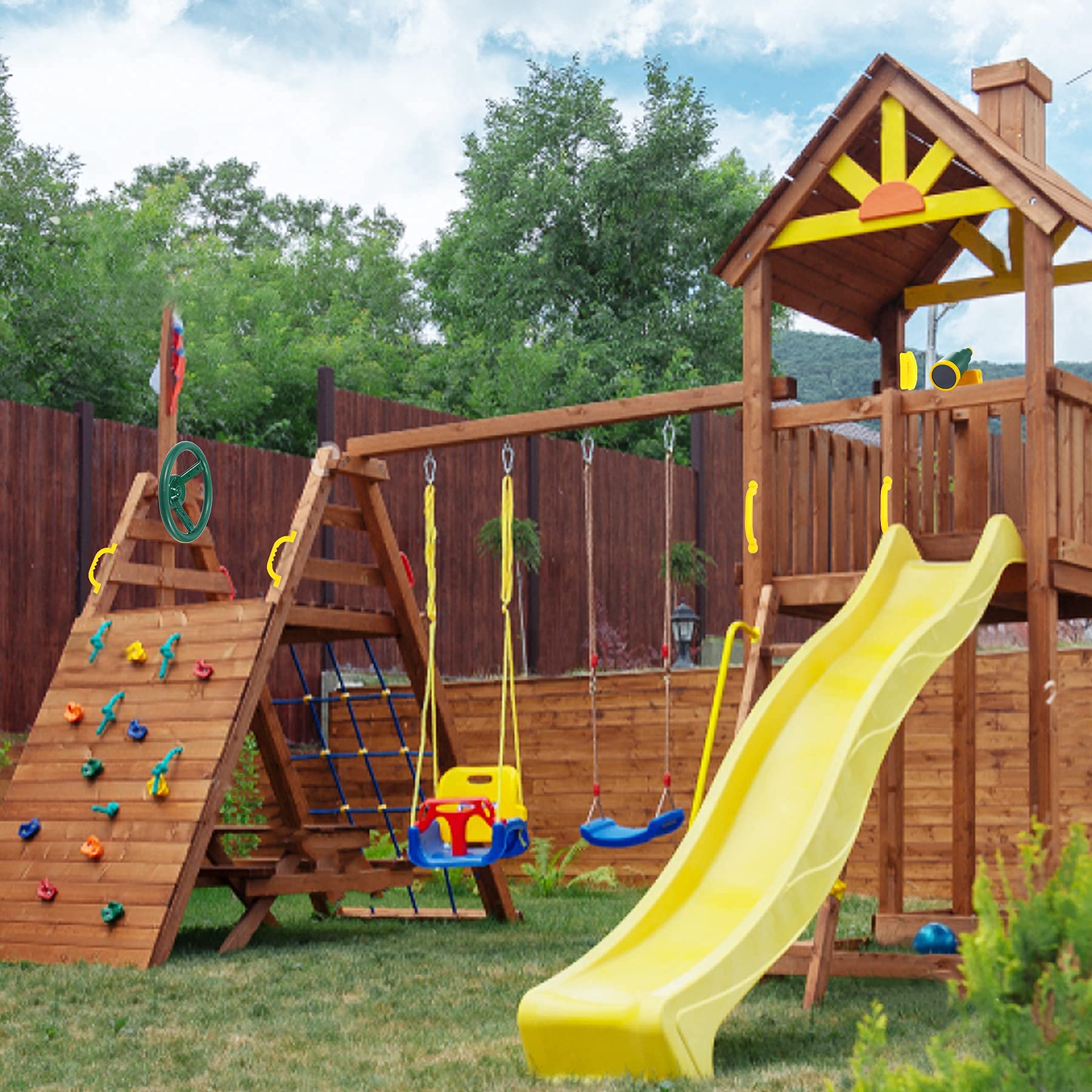 Playground Accessories for Kids, Outdoor Swingset Attachments with Pirate Ship Wheel, Toy Telescope, Telephone and Safety Handles (Yellow and Green)