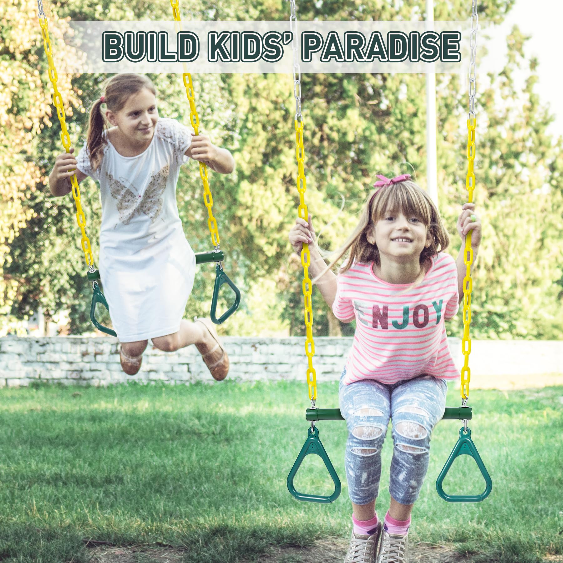 Trapeze Bar for Swing Set Playground, Heavy Duty 18" Trapeze Swing Bar with Rings and Adjustable Chains 47" Long,Yellow and Green