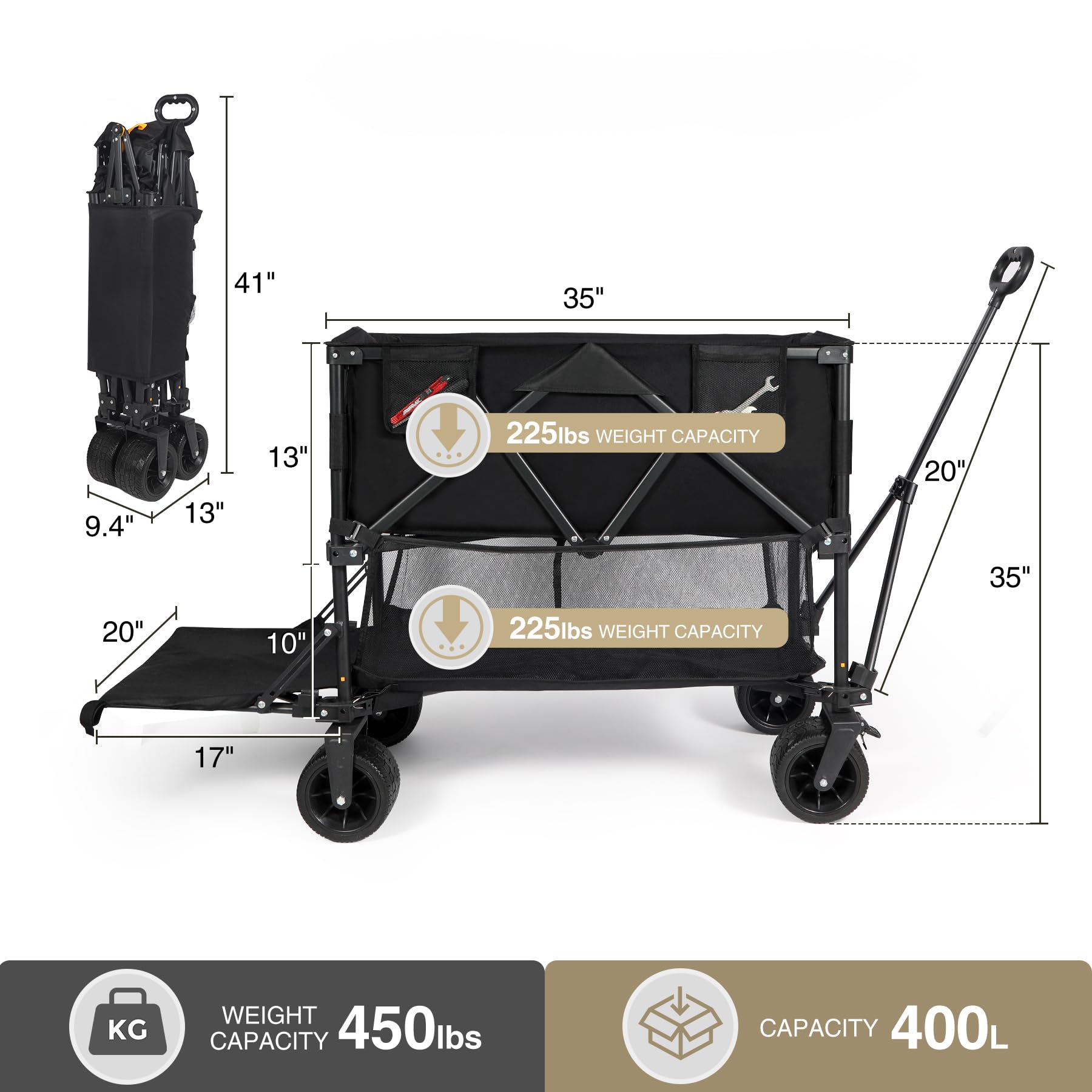 REDCAMP 400 lbs Double Decker Folding Wagon with 46-Inch Shelf