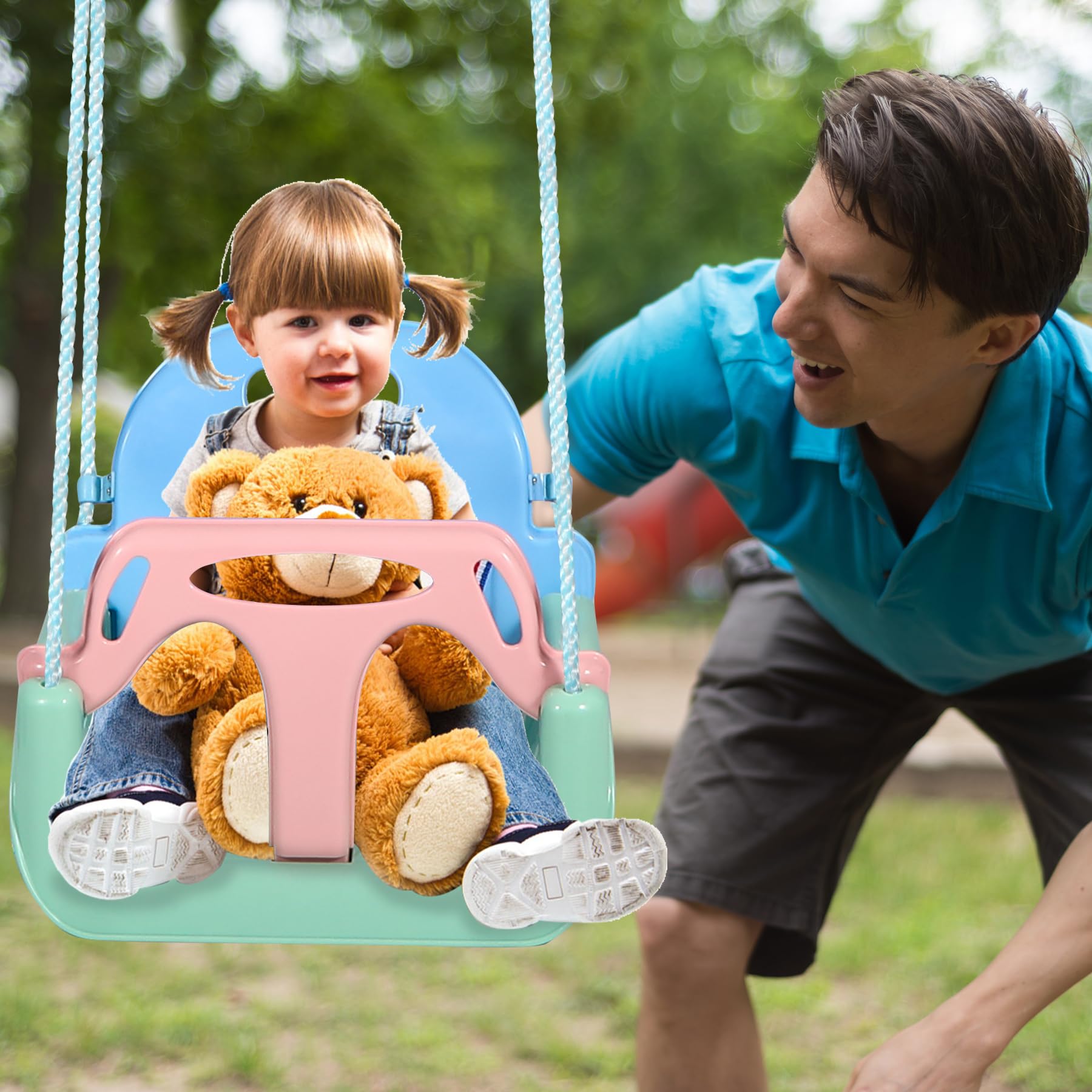3 in 1 Toddler Swing for Outside Tree,Blue Green Pink