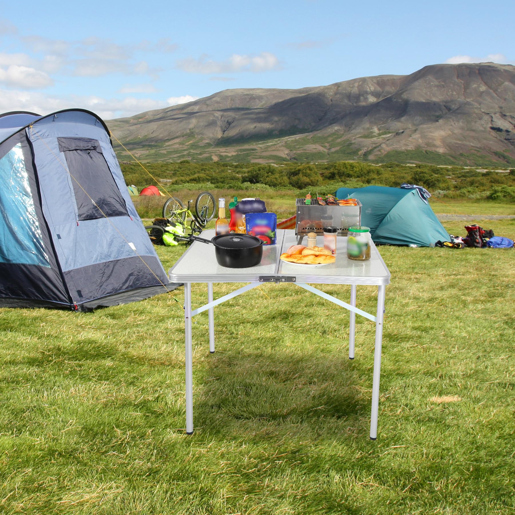 32" Square Folding Camping Table with Adjustable Heights Legs, Lightweight Portable Aluminum Fold in Half Small Card Tables Bridge Tables for Outdoor Picnic, White