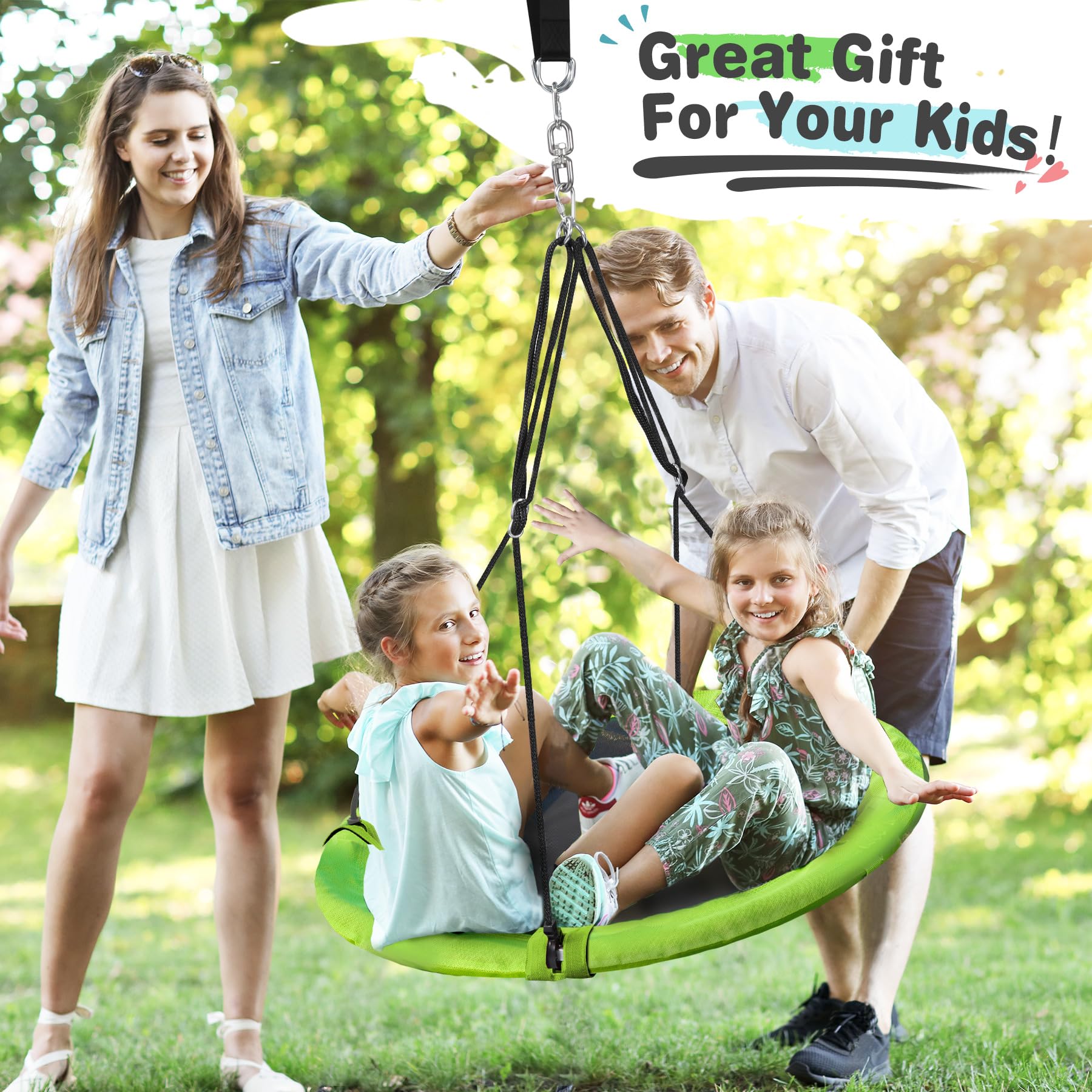 40" Flying Saucer Swing,Large Round Outdoor Swing for Kids, Heavy Duty 500 lbs Capacity,Green