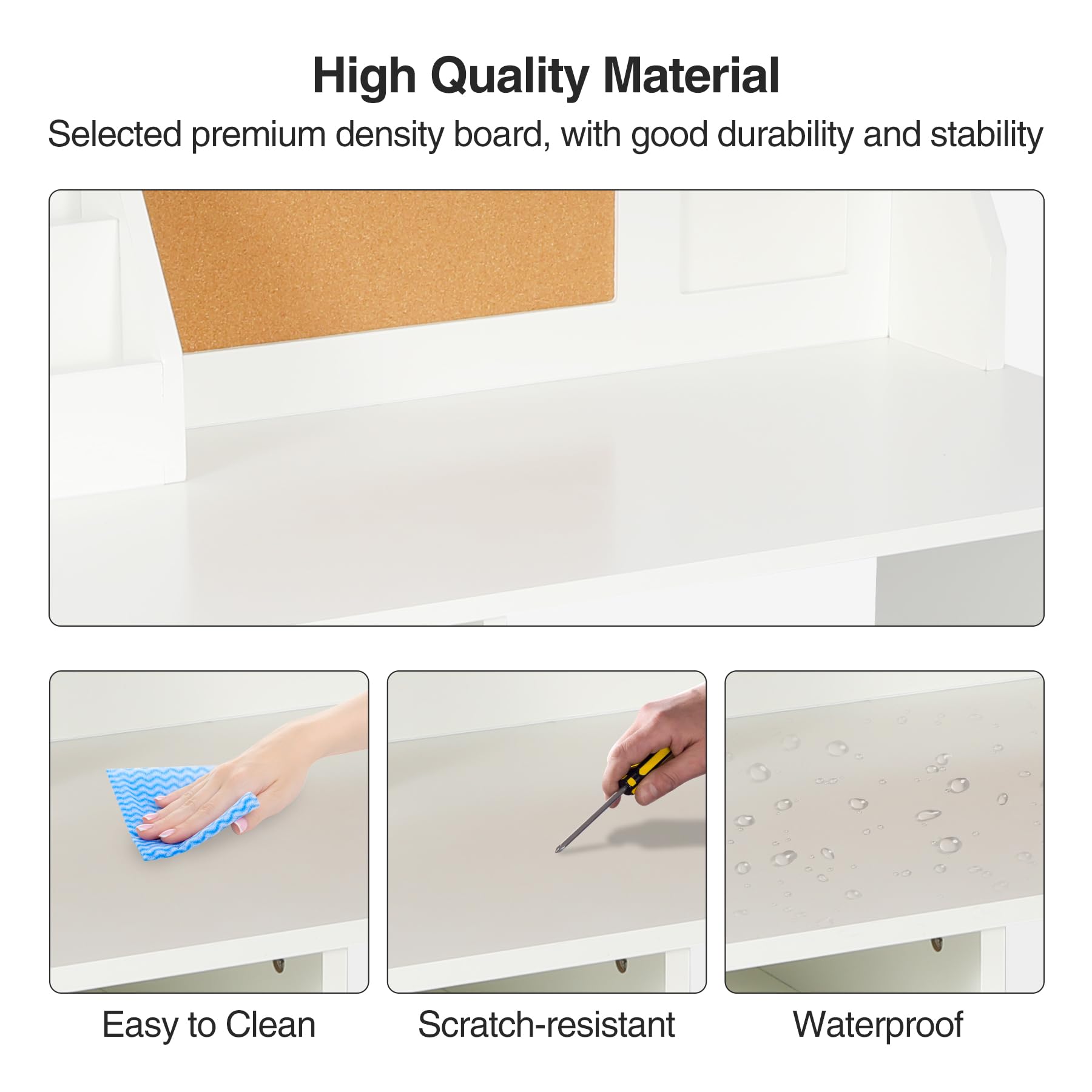 Kids Study Desk and Chair Set with Hutch, Wooden Writing Table, Ergonomic Homework Station with Storage Cabinet & Bulletin Board for Bedroom, School, White