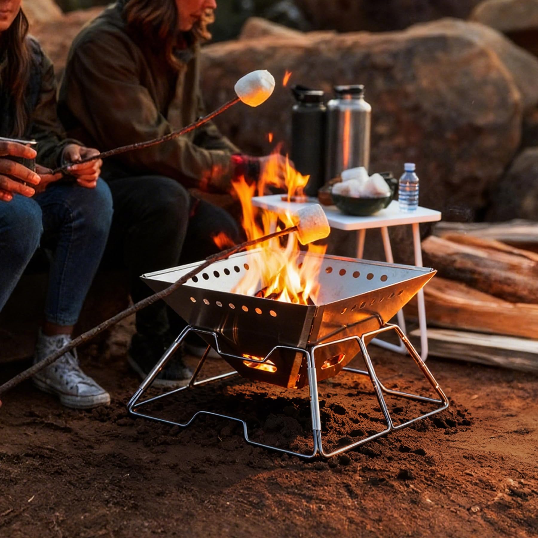 Foldable Fire Pit with Grill for Camping Collapsible Portable Fire Pit with Campfire Grill & Tote Bag for Backyard, Patio, Picnic, BBQ