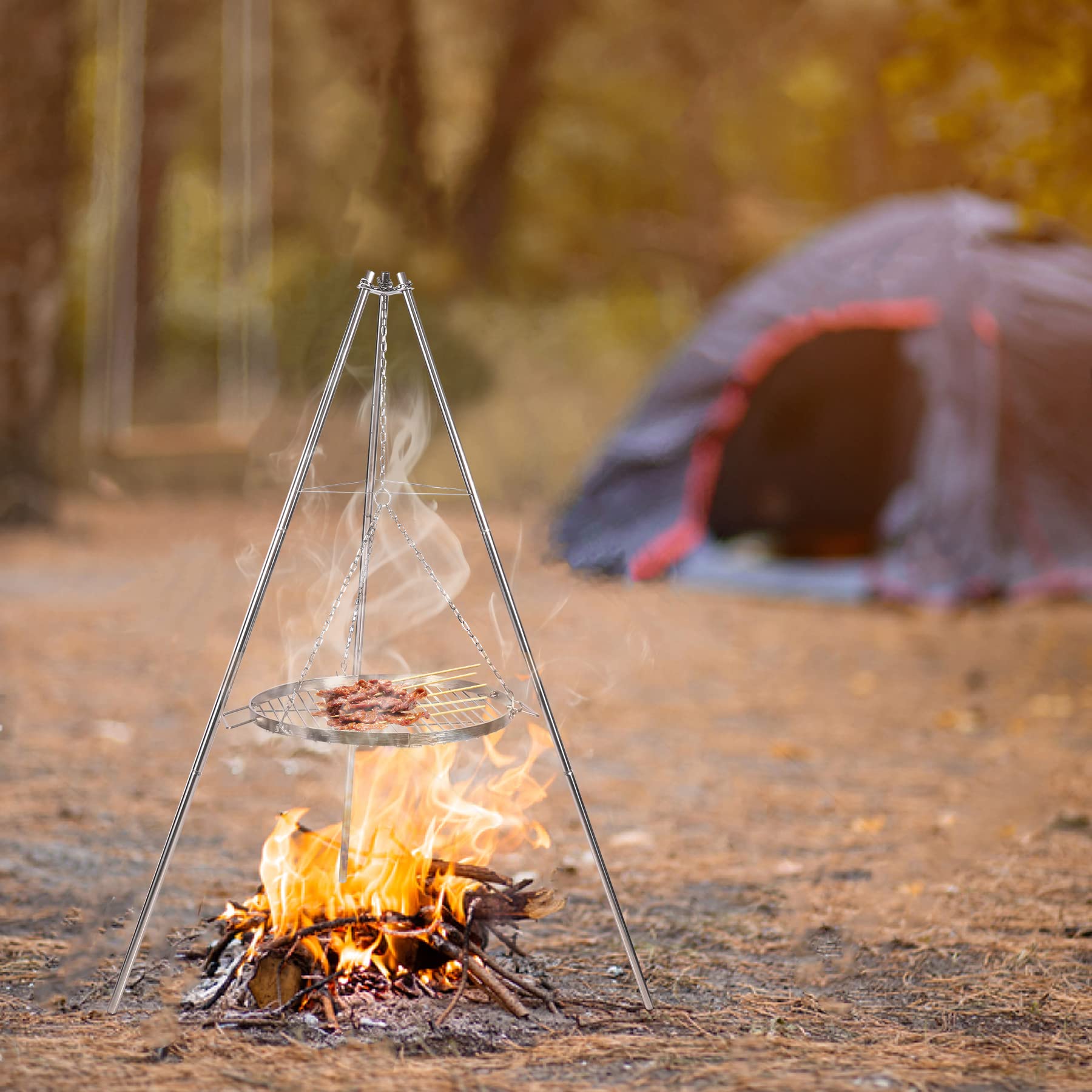 Campfire Tripod Grill for Cooking, Durable Stainless Steel Camping Fire Tripod Grill with Round Grate and Carrying Bag for Outdoor BBQ, Silver