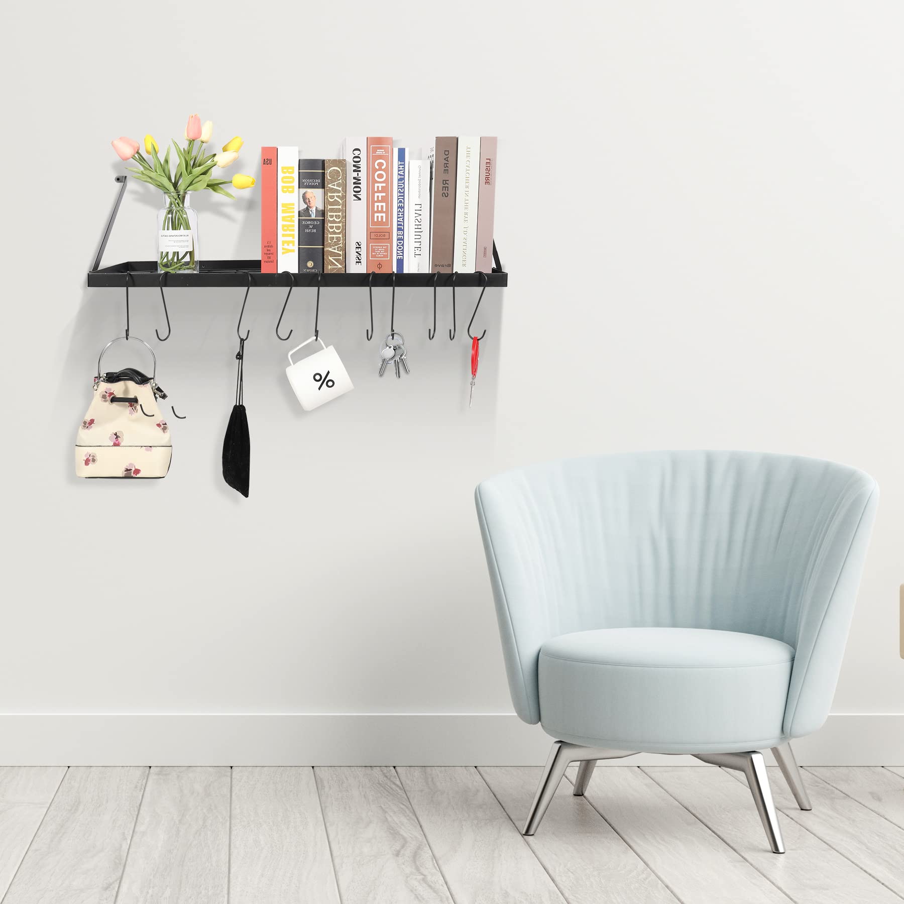 29” Wall Mounted Pot Rack Storage Shelf with 10 Hooks,Kitchen Pots and Pans Hanging Rack Holder for Utensils Cookware Household,Black