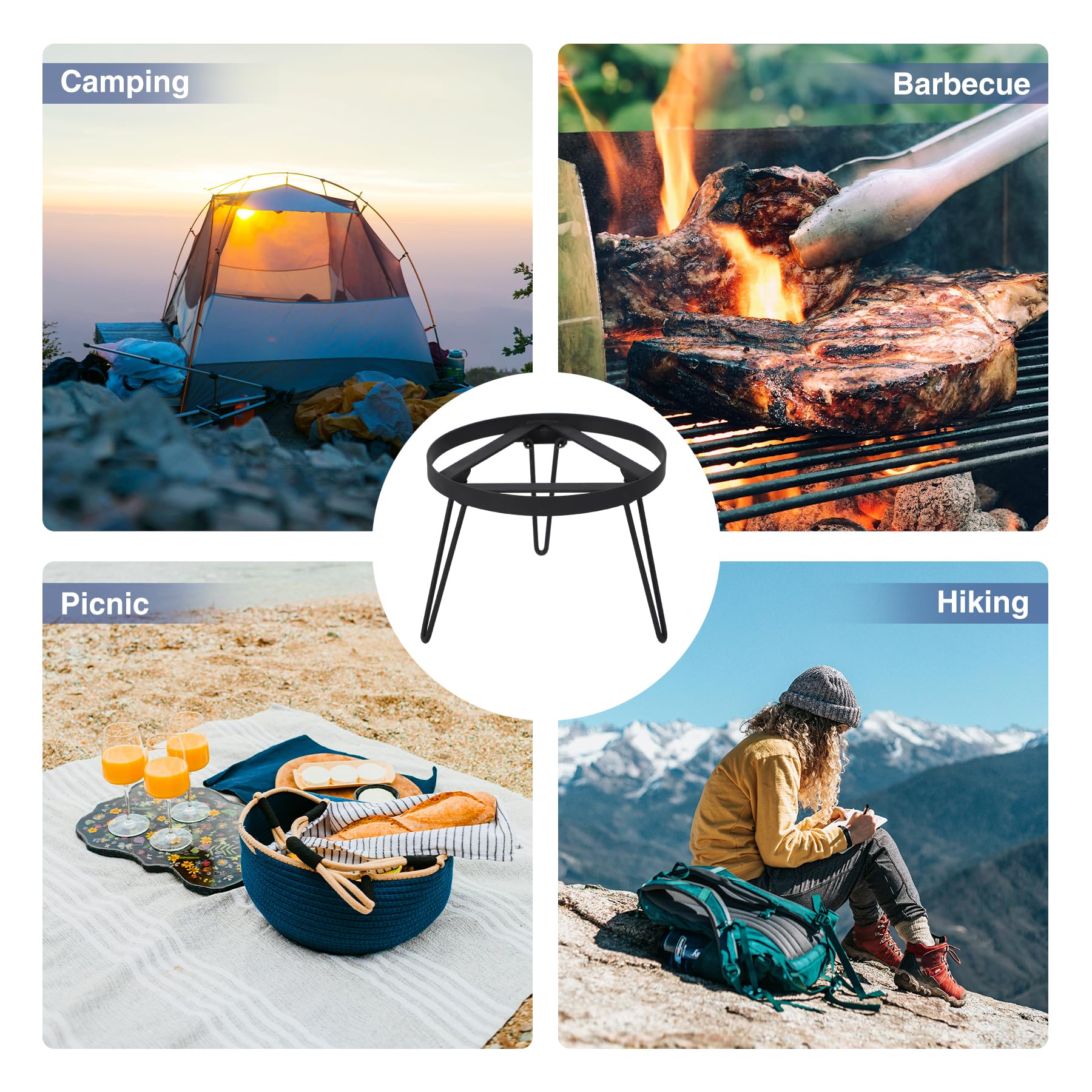 Folding Campfire Tripod for Cooking, Portable Camping Tripod Stand for Solo Stove Bonfire Fire Pit, Dutch Oven, Open Fire, Iron Black