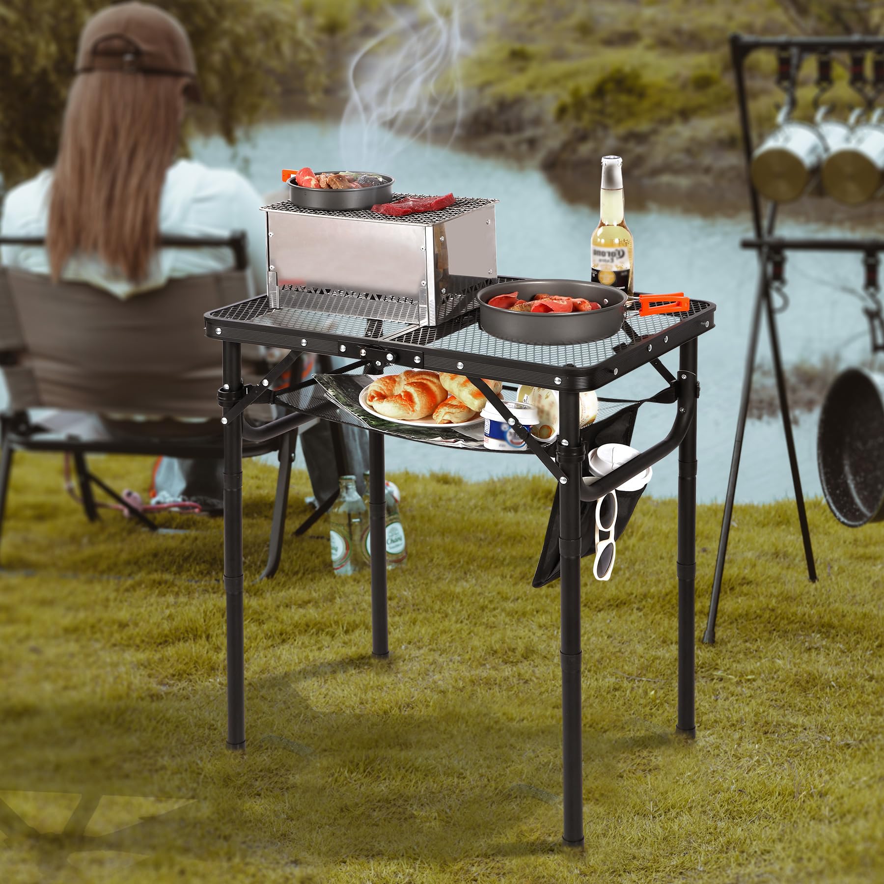 REDCAMP Folding Grill Table for Outside with Adjustable Height Legs