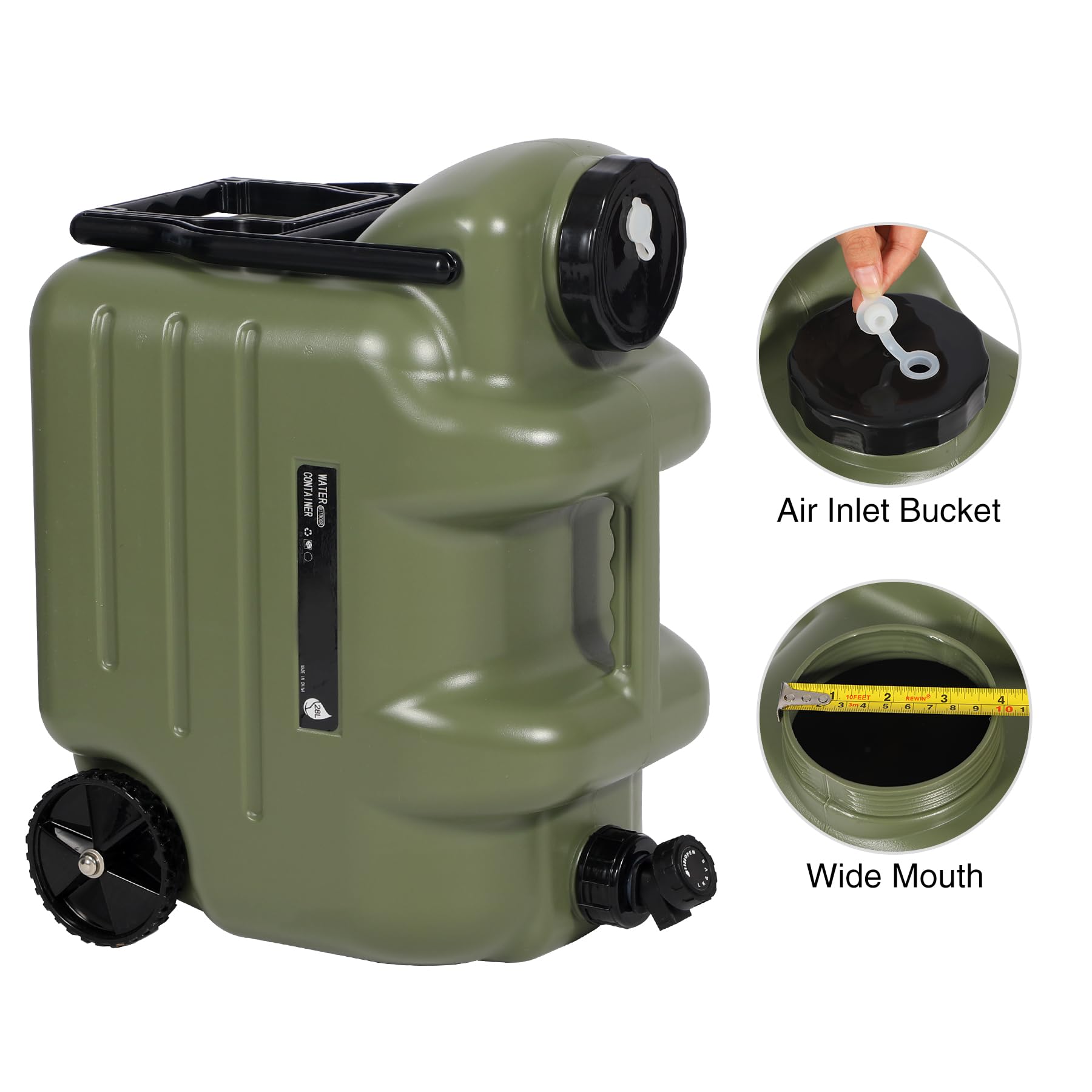 7.4 Gal Water Container with Wheels & Spigot | Portable Rolling Emergency Camping Water Jug with Folding Handle | BPA Free Food Grade Water Storage Tank for Camping, 2 Pack(28L, Green)