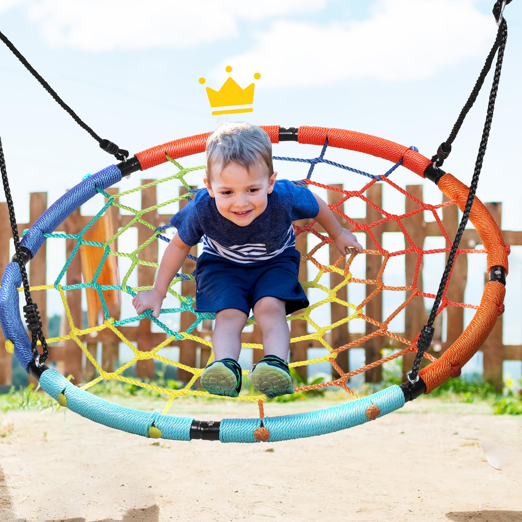 40" Spider Web Swing for Kids Outdoor, Rope Round Flying Web Swing for Tree with Hanging Straps for Playground Backyard, Heavy Duty Capacity 750lbs, Rainbow