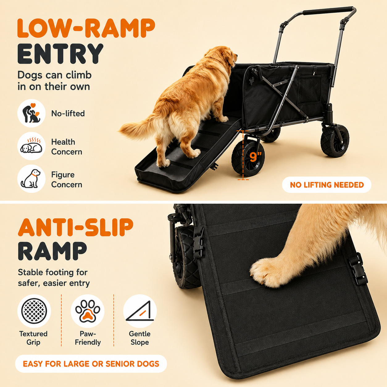 Folding Dog Wagon for Large Dogs with Extendable Rear/ Canopy