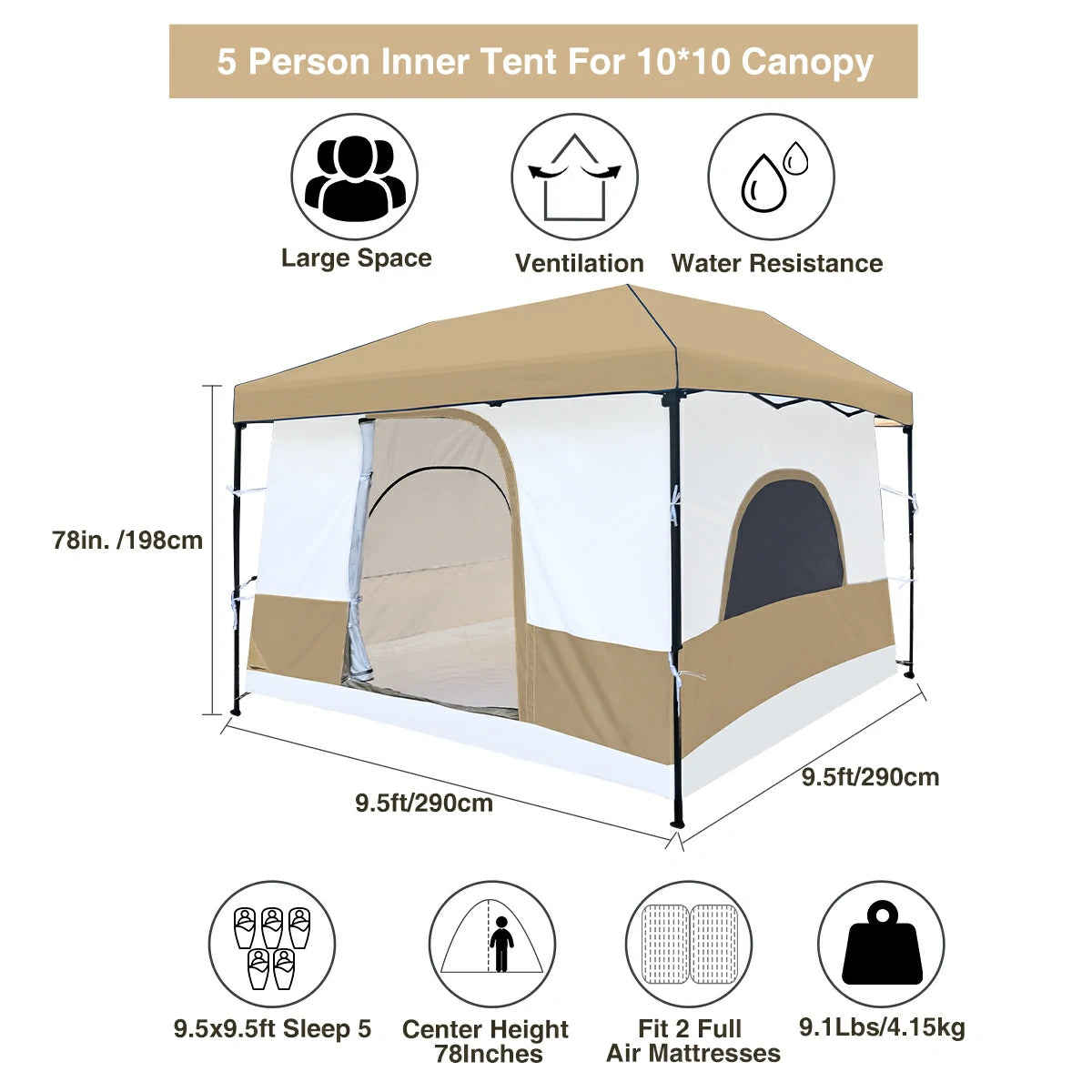 10'x10' Camping Cube Tent for Pop Up Canopy (Canopy & Frame NOT Included)